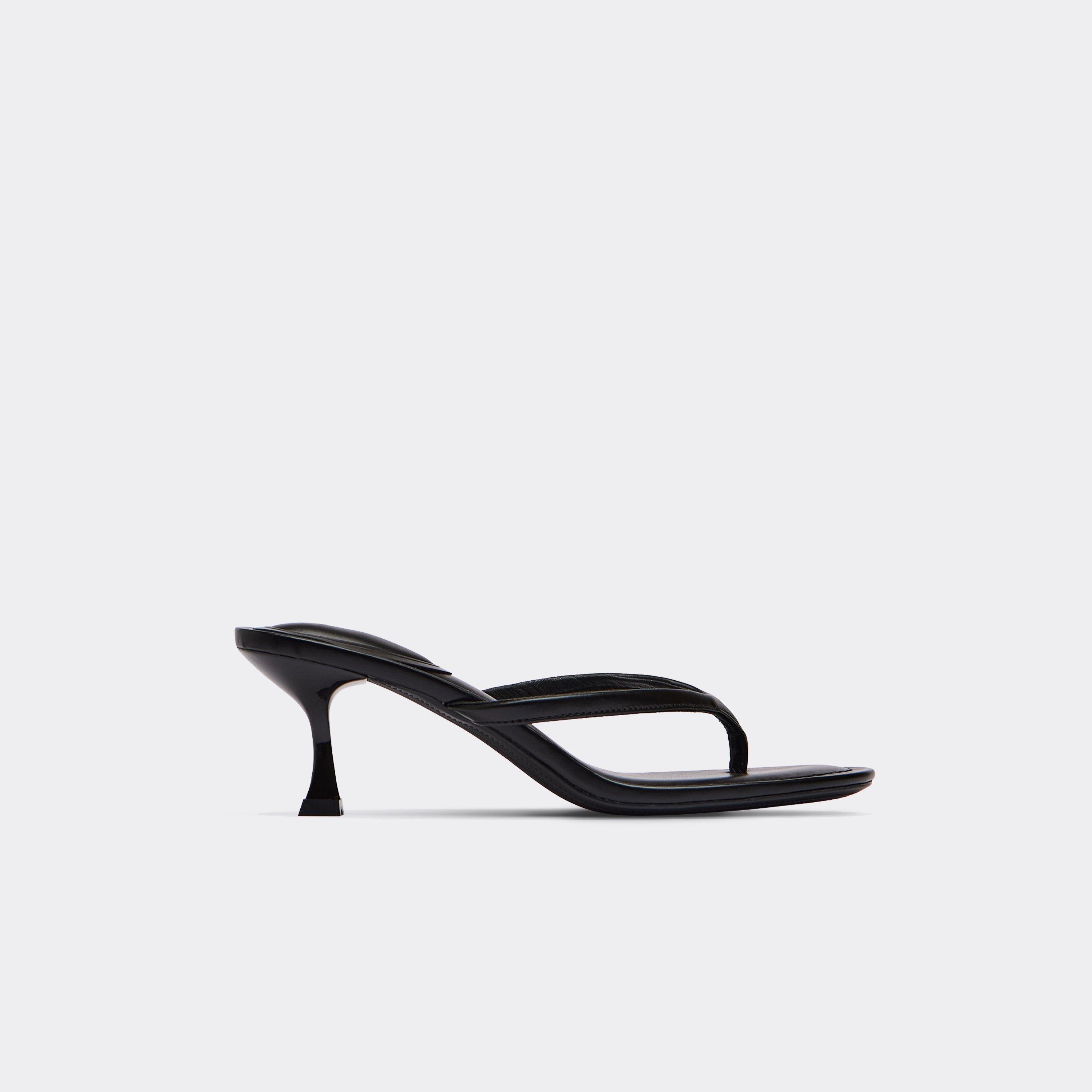Enzo Thong Strap Low Heeled Mule In Black Faux Leather, Women’s