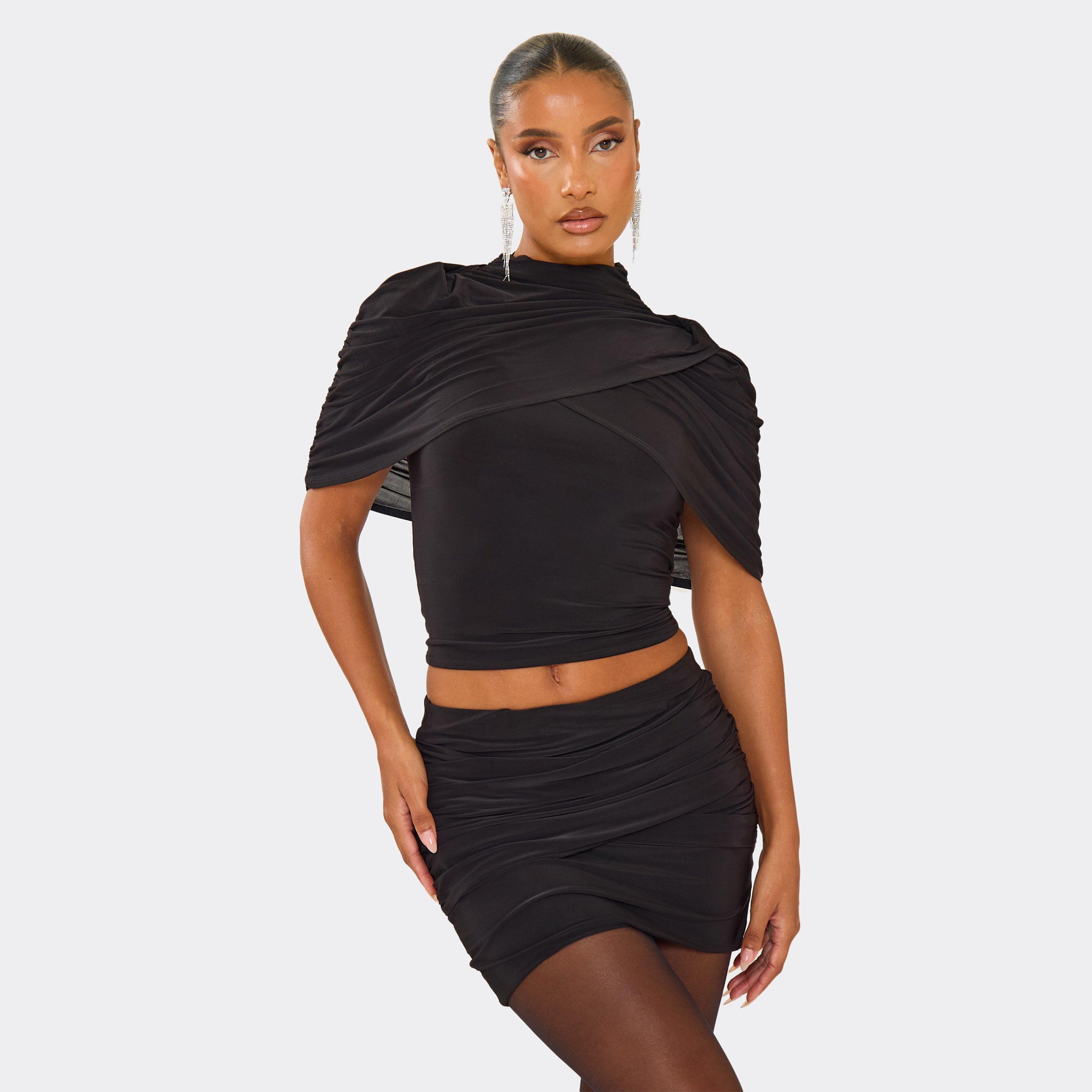 Image of High Neck Ruched Cape Detail Fitted Top In Black, Women's