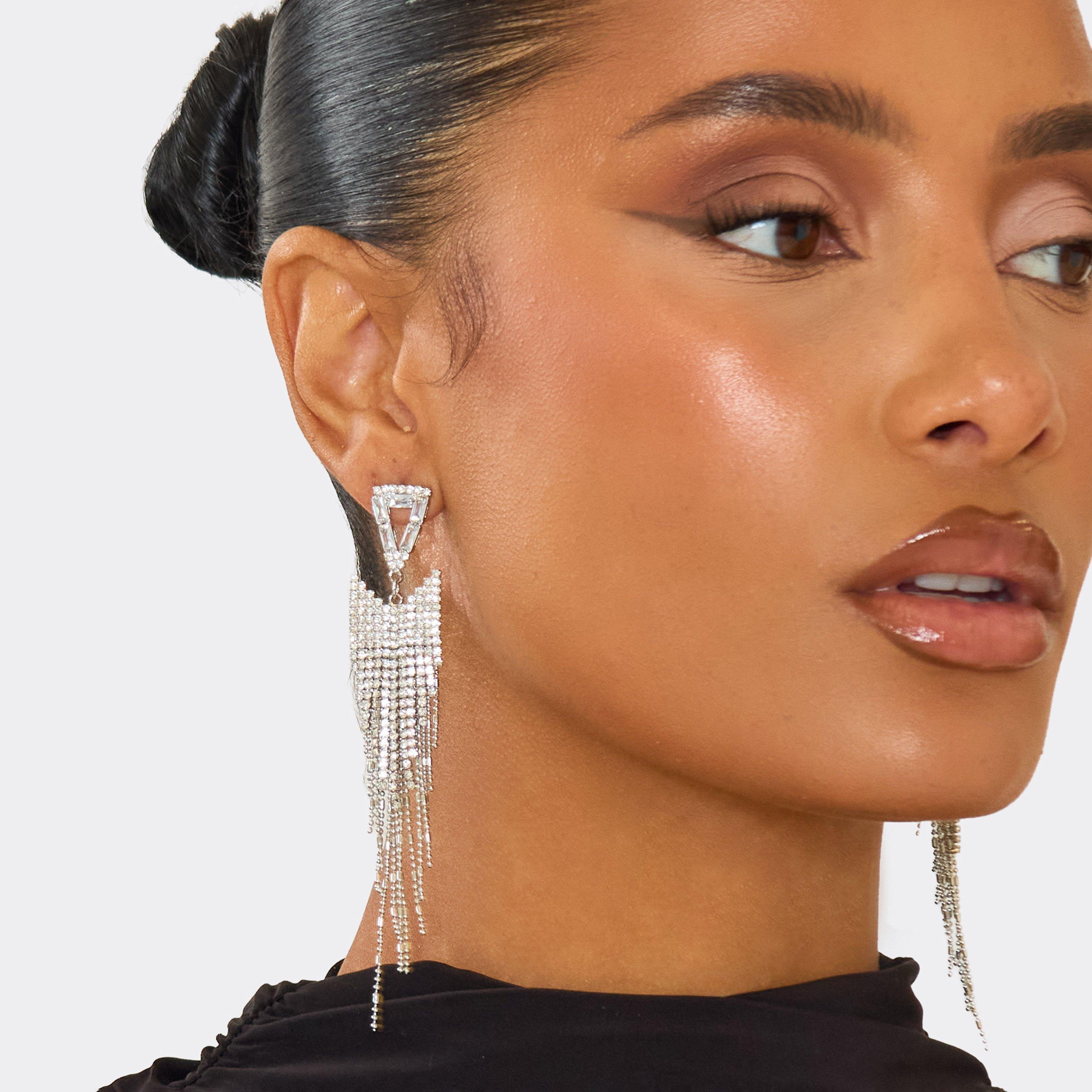 Triangle Detail Diamante Drop Earrings In Silver, Women’s