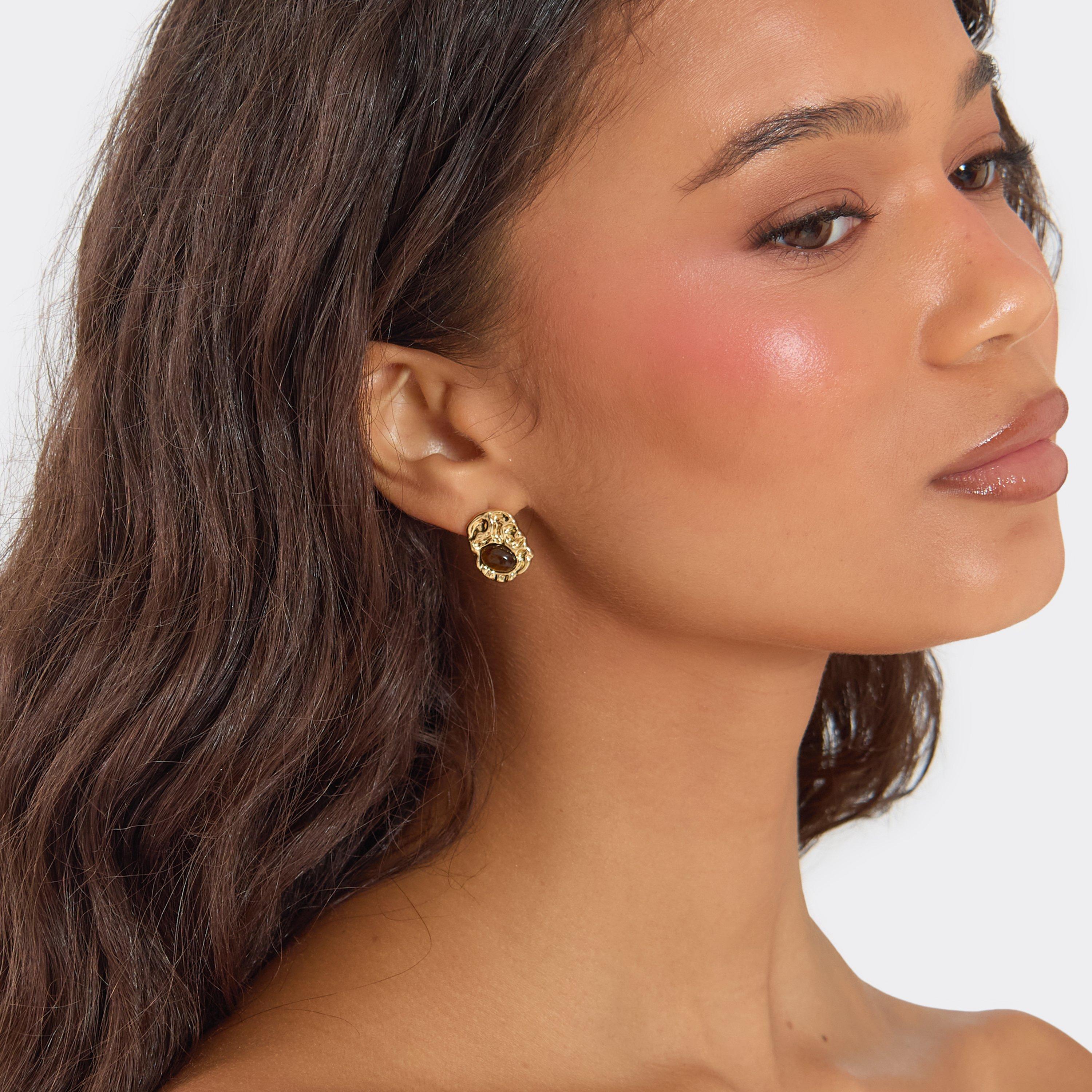 Brown Gem Detail Hammered Stud Earrings In Gold, Women’s