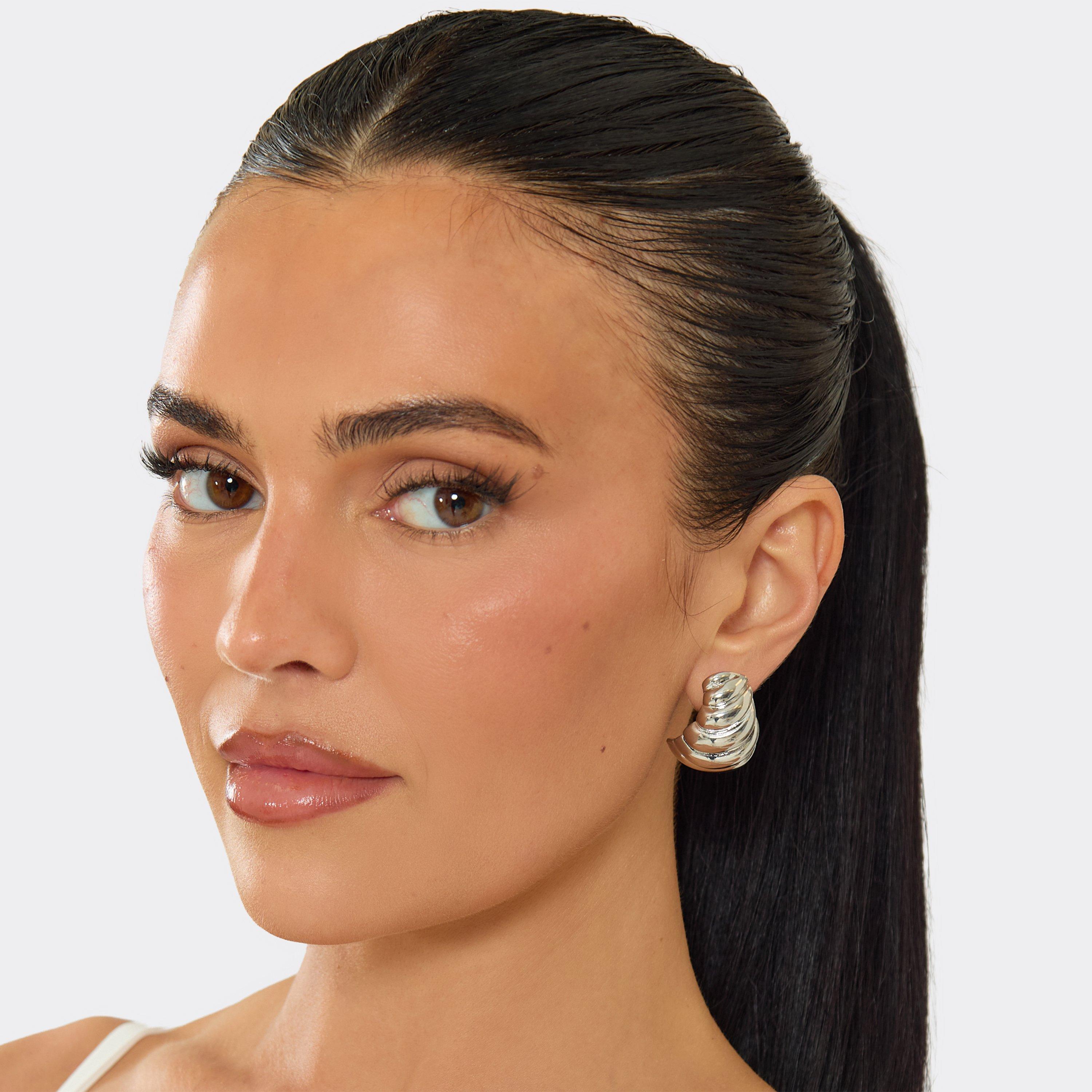 Shell Shape Ribbed Detail Stud Earrings In Silver, Women's Size UK 0