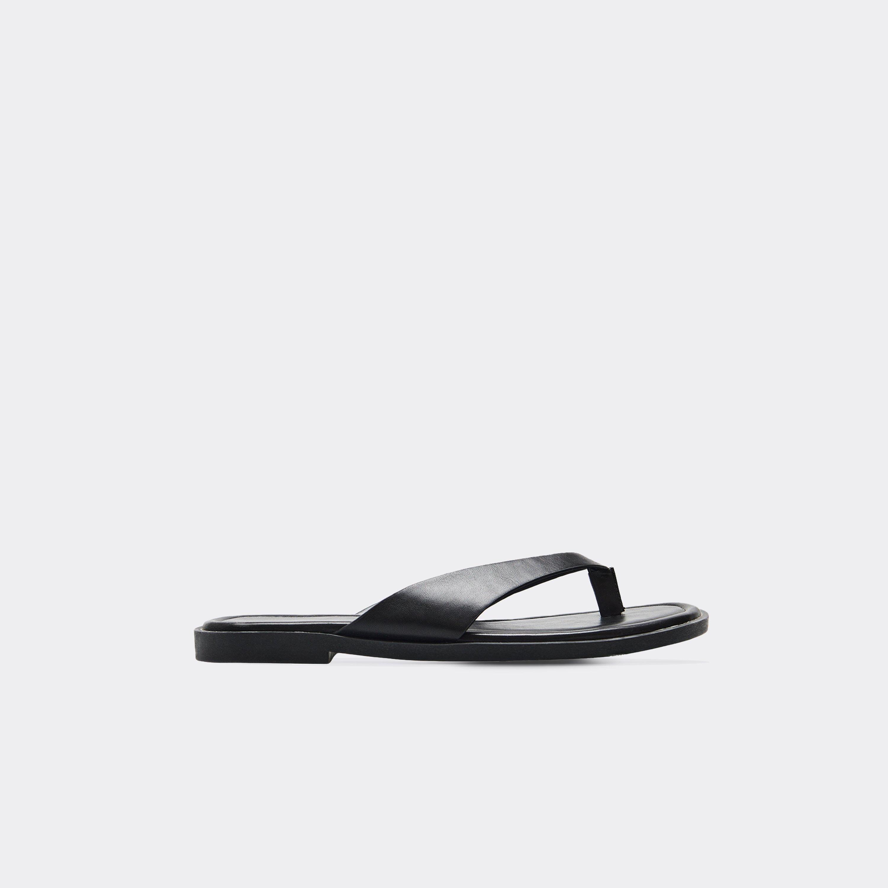 Chanson Thong Strap Flat Slider Sandal In Black Faux Leather, Women's Size UK 6