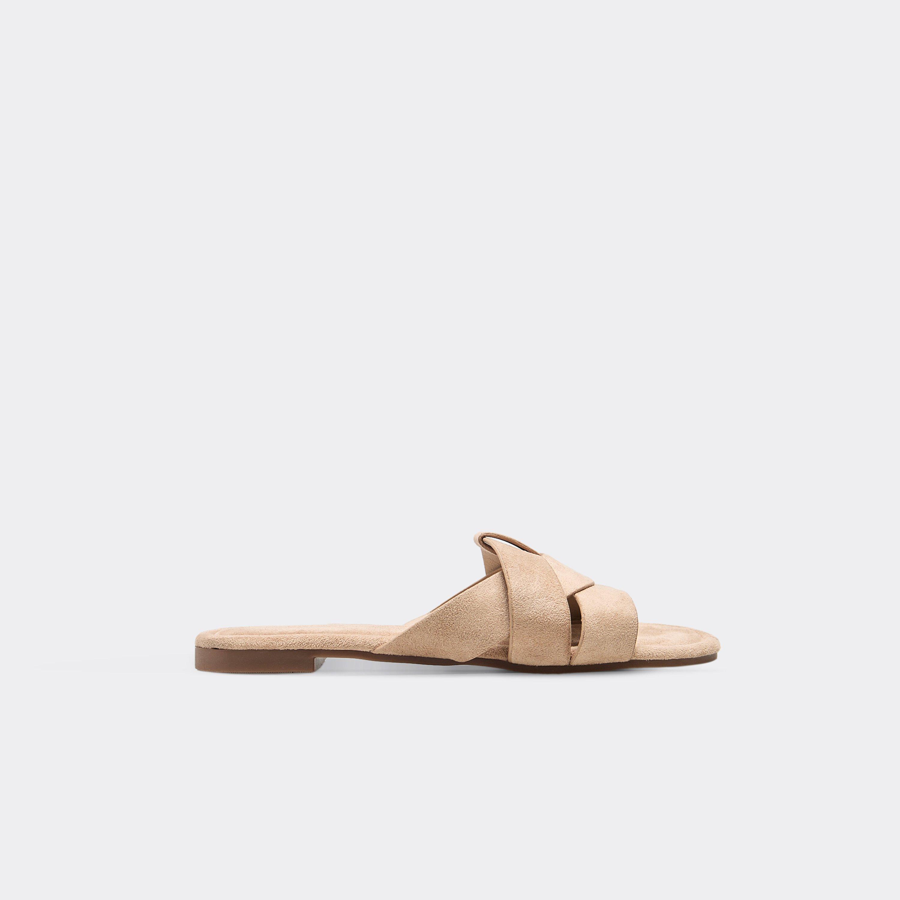 Sabrina Woven Detail Flat Slider In Beige Faux Suede, Women's Size UK 3
