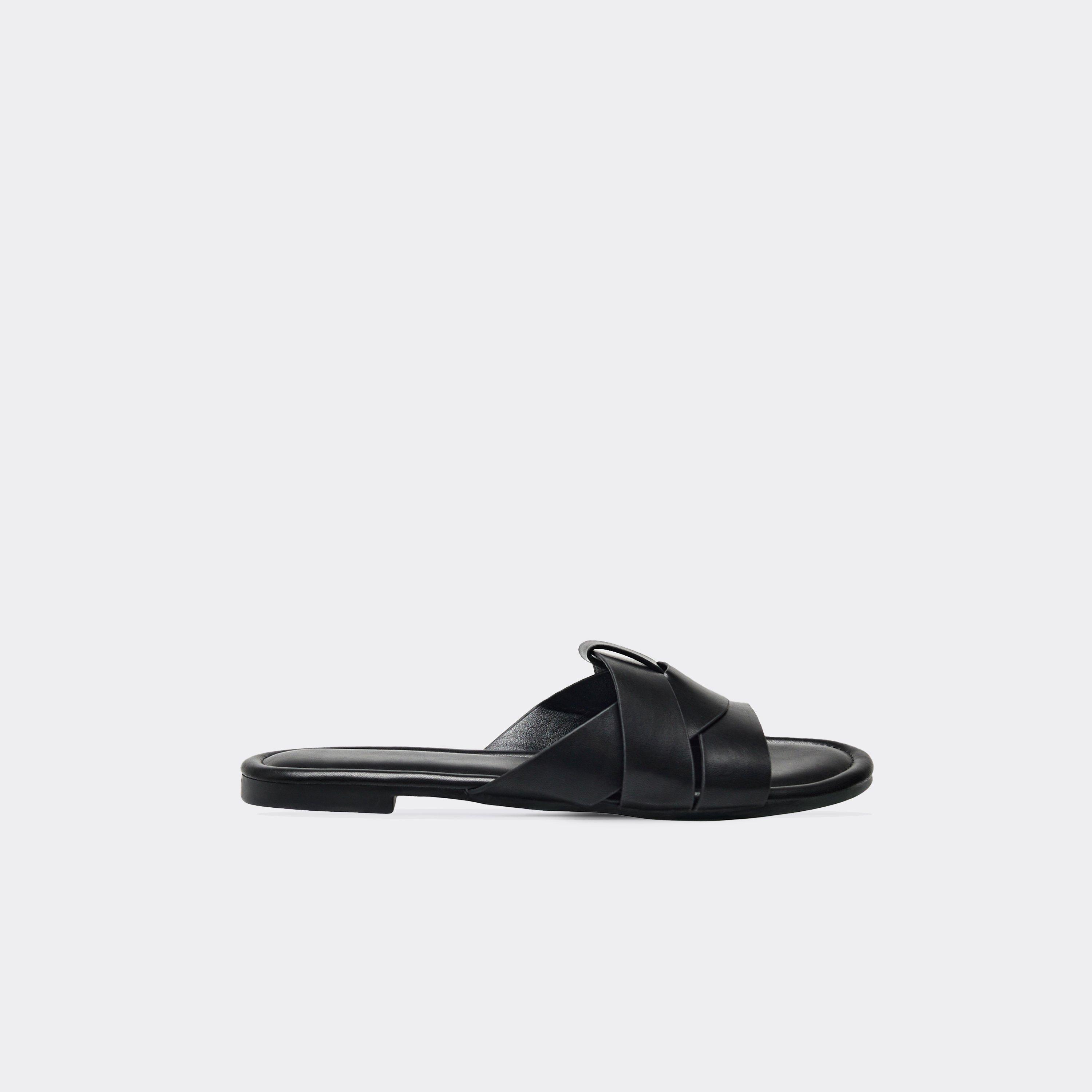 Sarbina Woven Detail Flat Slider In Black Faux Leather, Women's Size UK 4