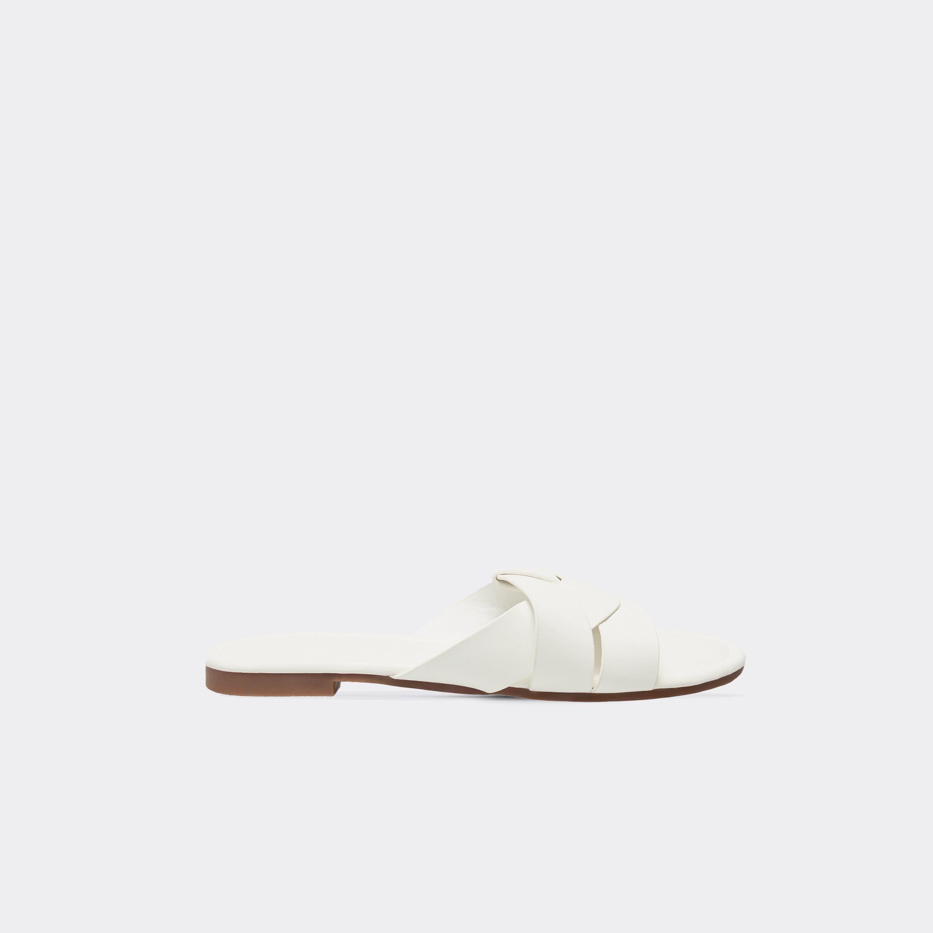 Sarbina Woven Detail Flat Slider In White Faux Leather, Women's Size UK 3