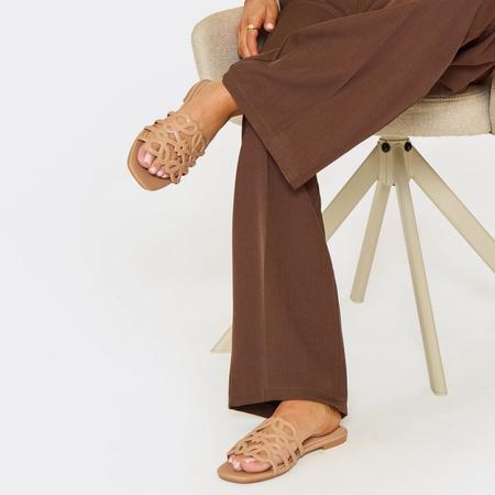 Olive Swirl Detail Flat Slider Sandal In Nude Faux Leather, Women's Size US