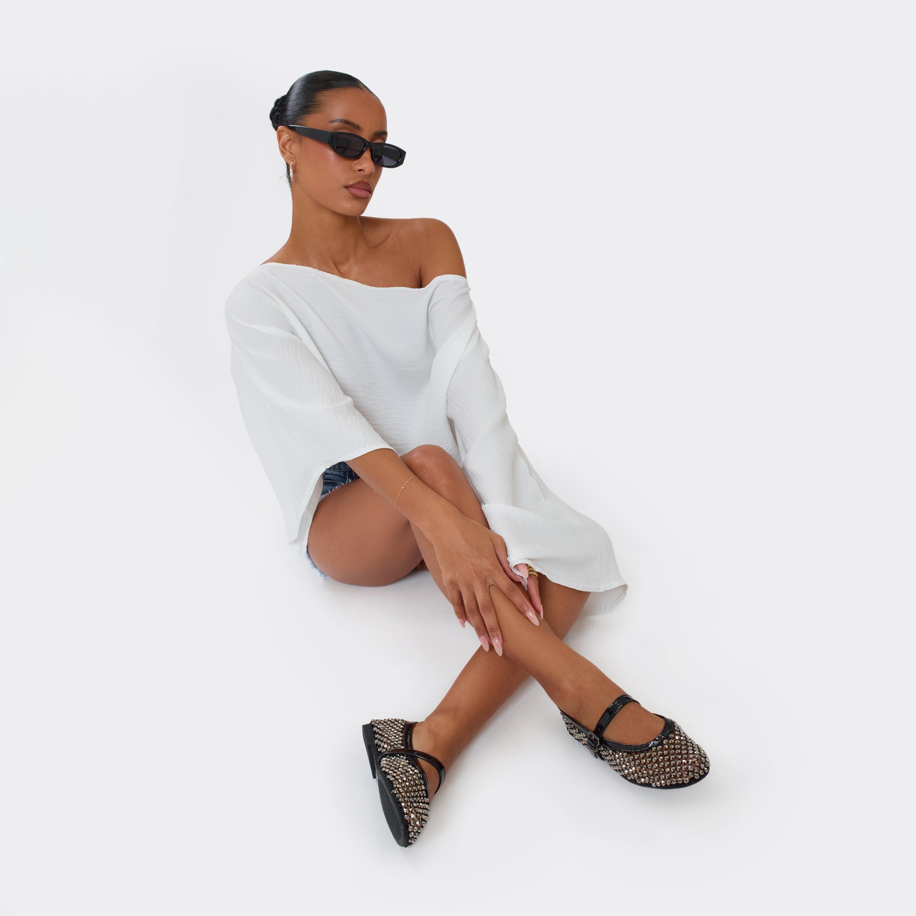 Zinc Stud Detail Flat Ballet Pump In Black Faux Leather, Women’s