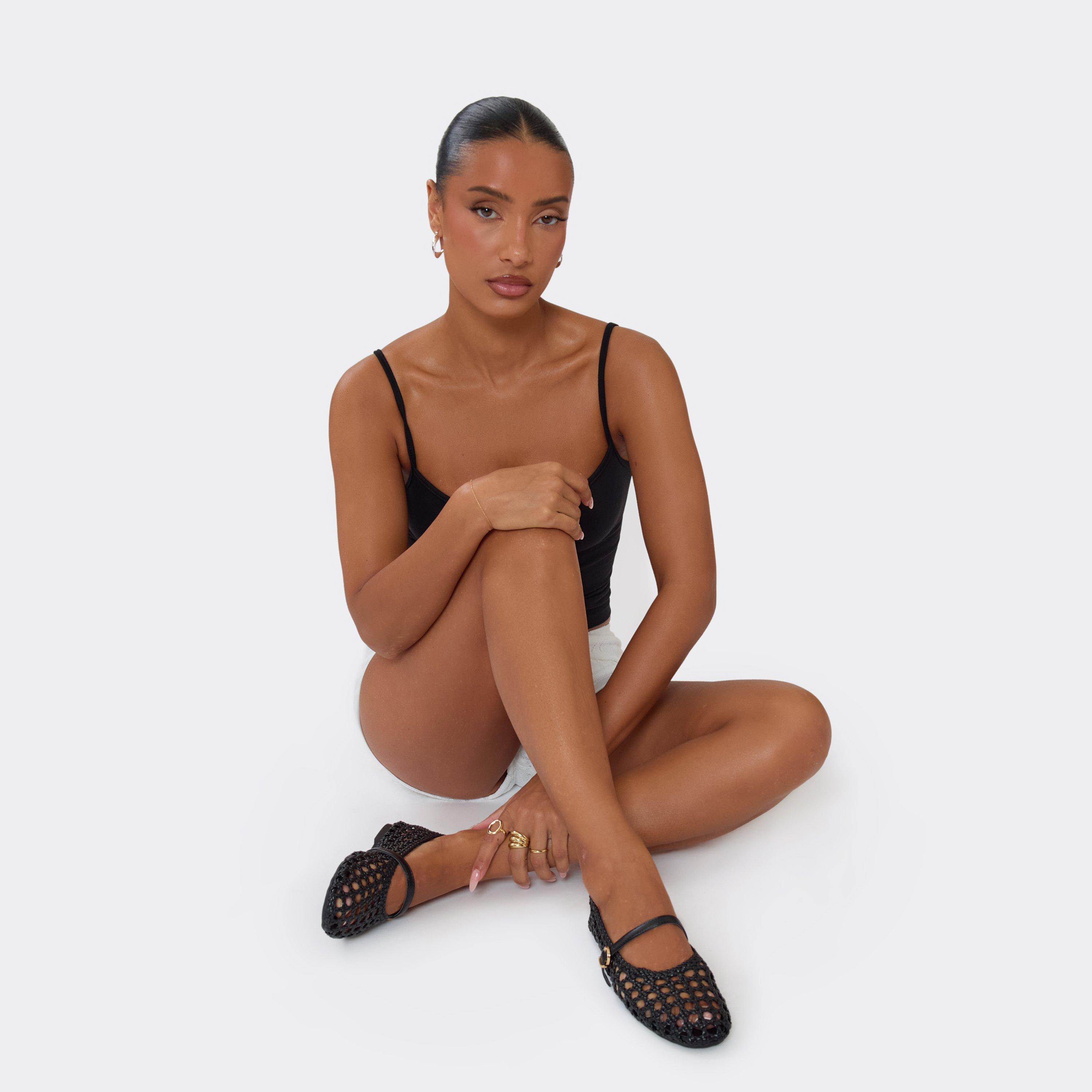 Almond Woven Detail Buckle Strap Ballet Pump In Black Faux Leather, Women's Size UK 5