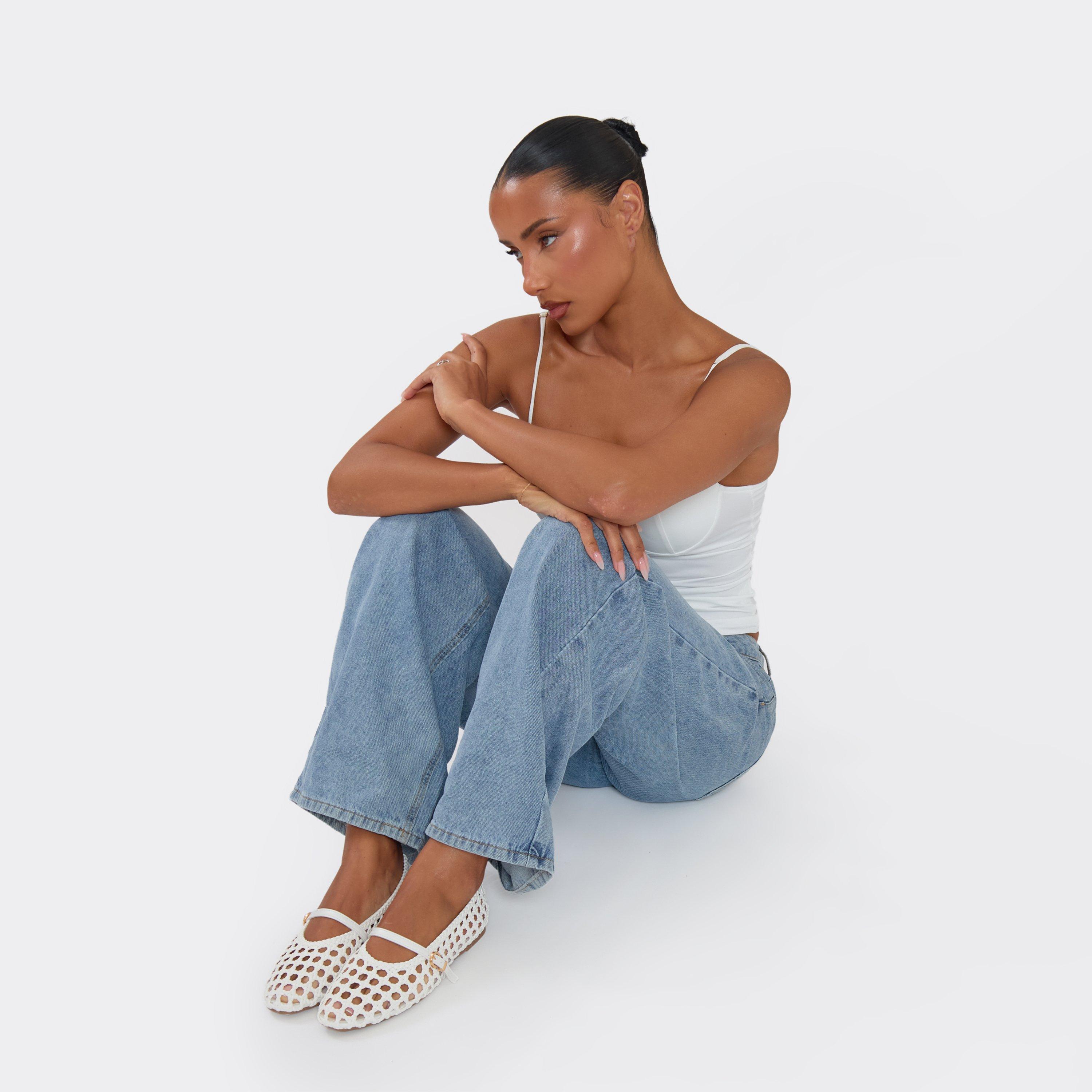 Almond Woven Detail Buckle Strap Ballet Pump In White Faux Leather, Women's Size UK 4