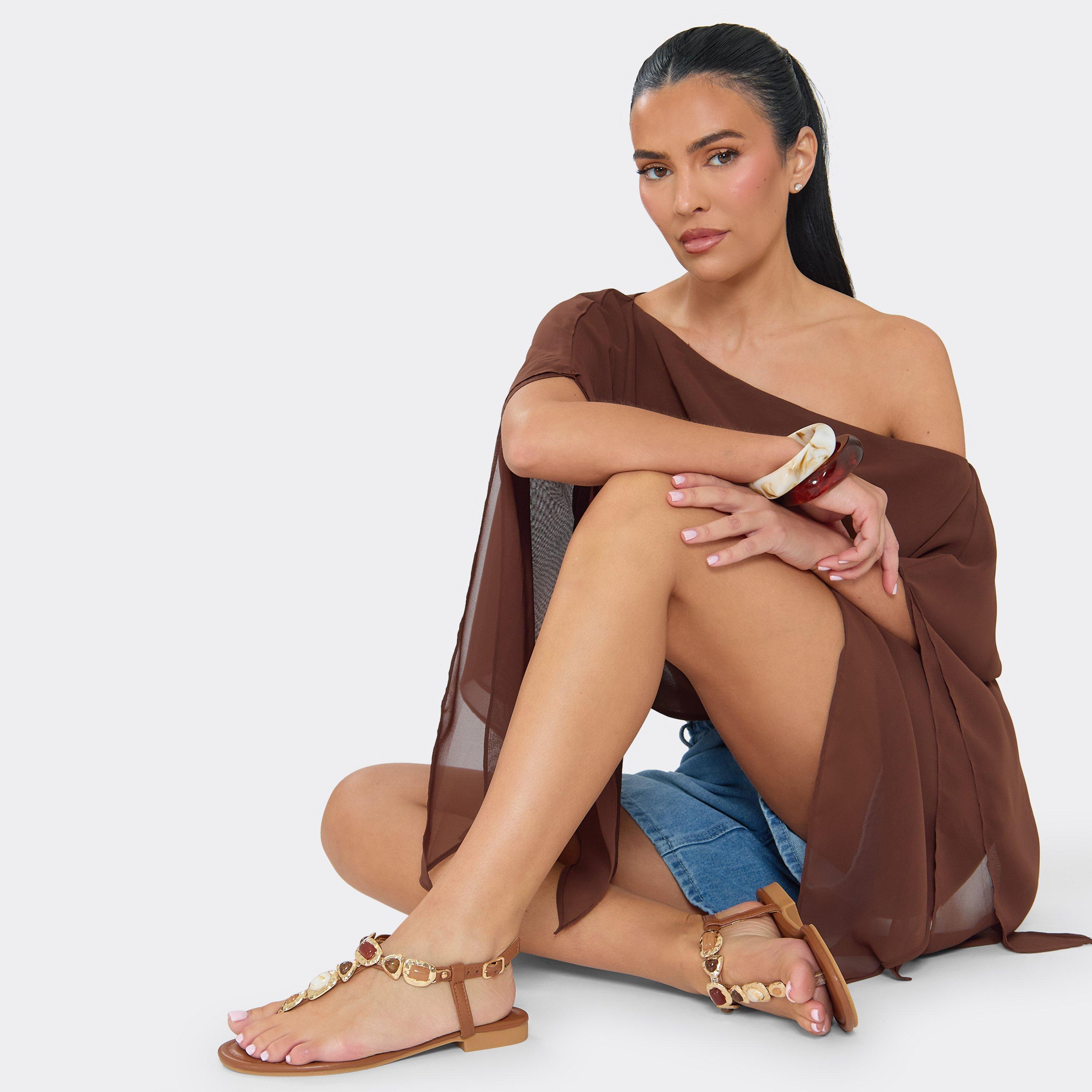 Karly Gem Thong Strap Flat Sandal In Tan Brown Faux Leather, Women's Size UK 3