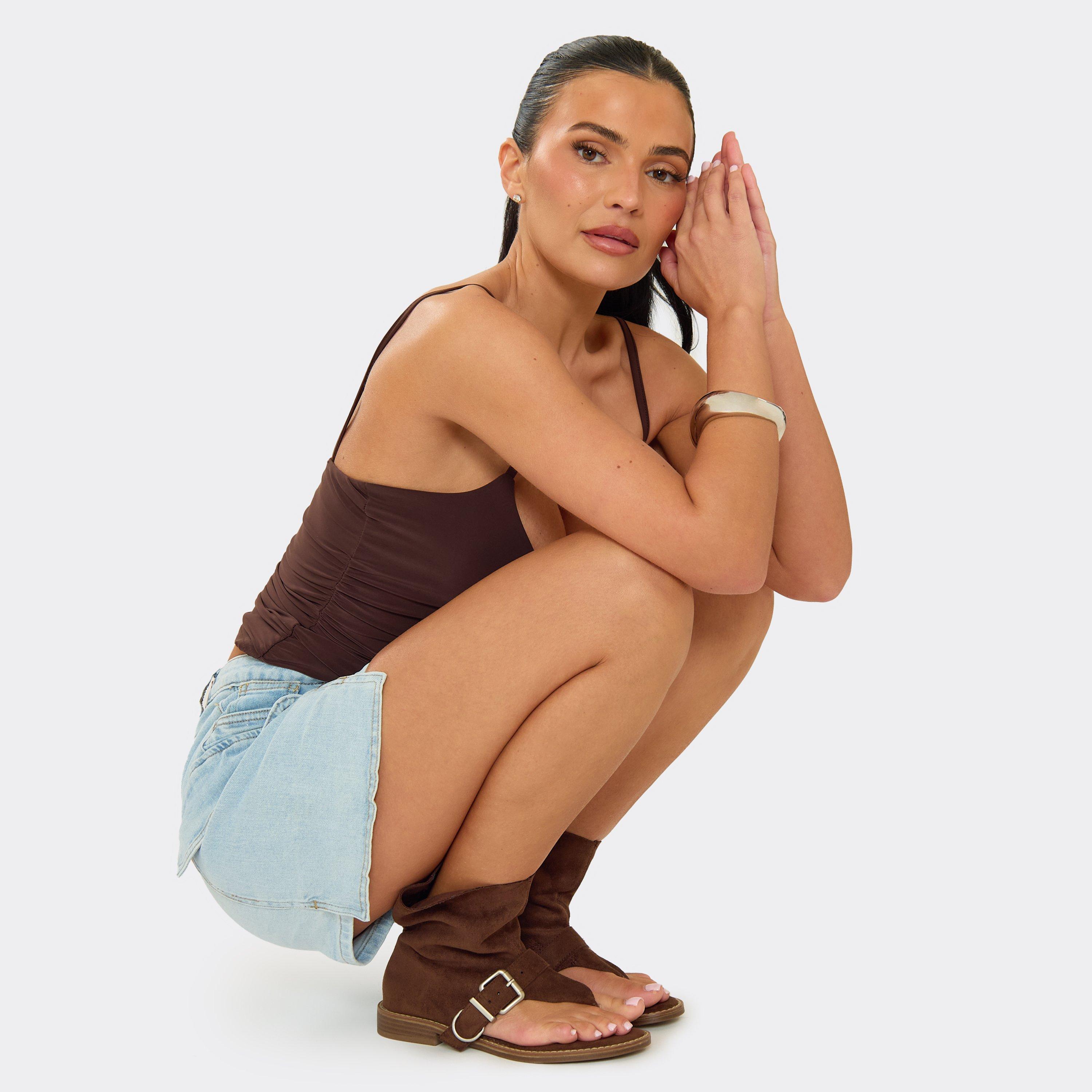 Tillie Buckle Detail Thong Strap Gladiator Sandal In Brown Faux Suede, Women's Size UK 5