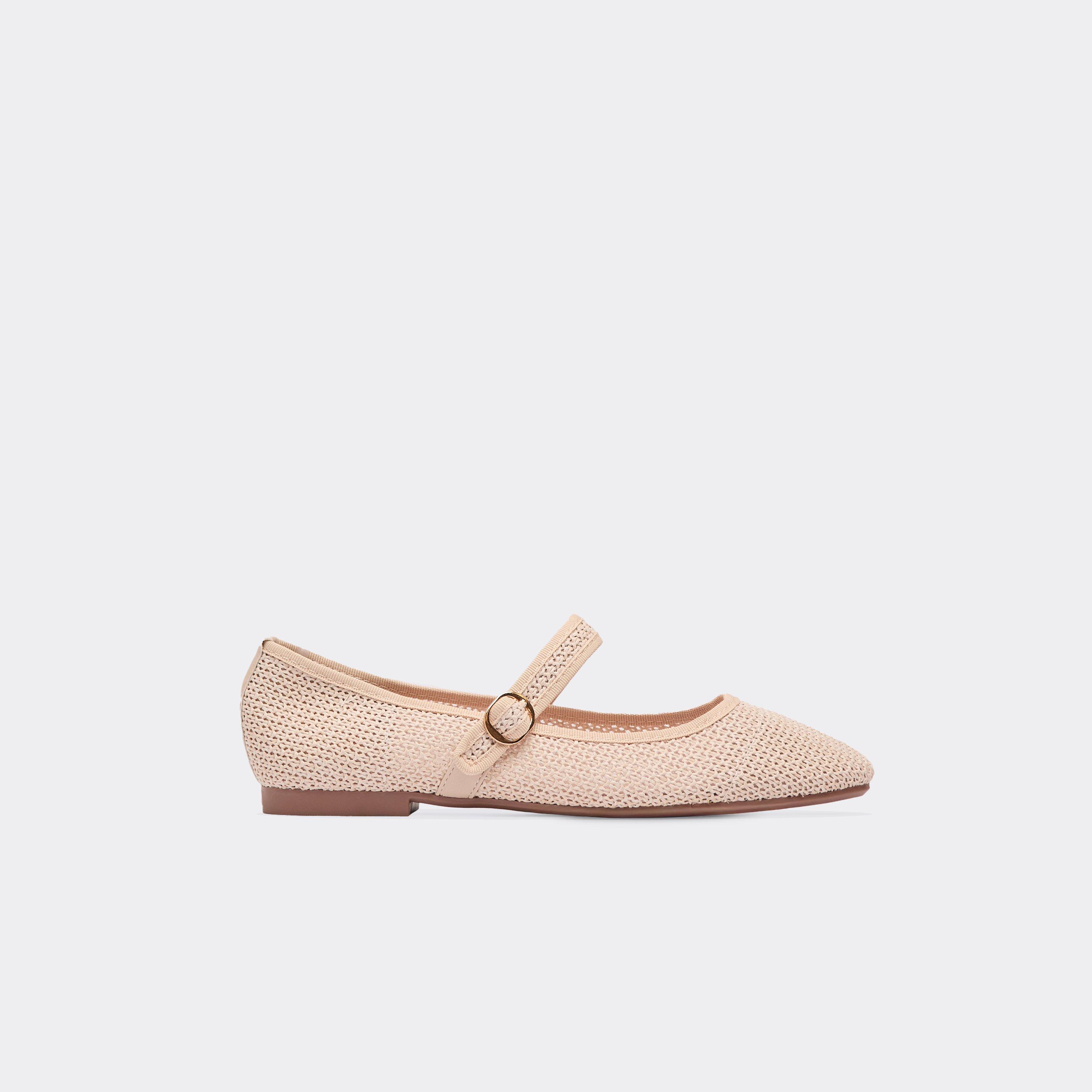 Gioia Buckle Detail Flat Ballet Pump In Beige Woven, Women's Size UK 3