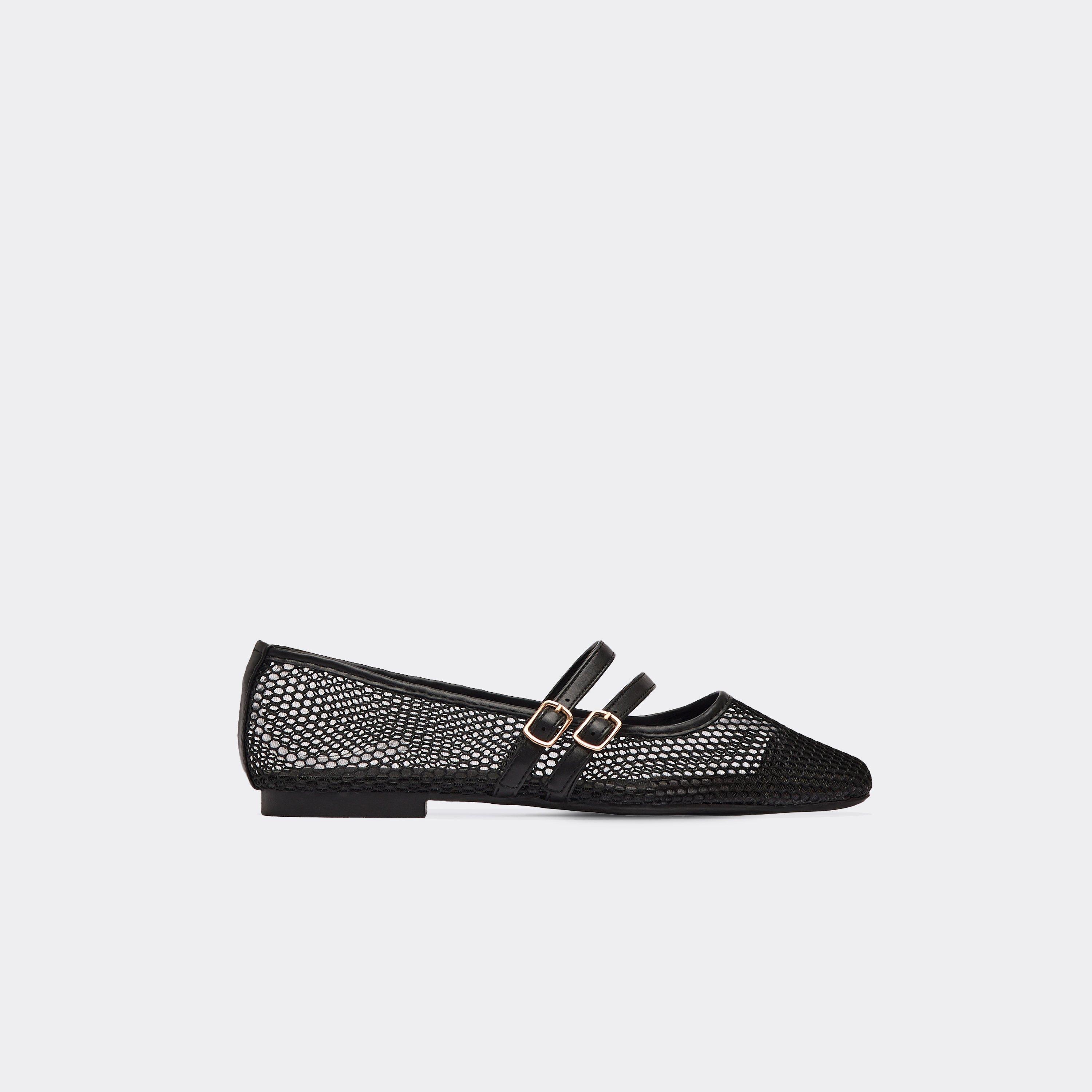 Lettie Double Buckle Strap Mesh Detail Flat Ballet Pump In Black Faux Leather, Women's Size UK 7