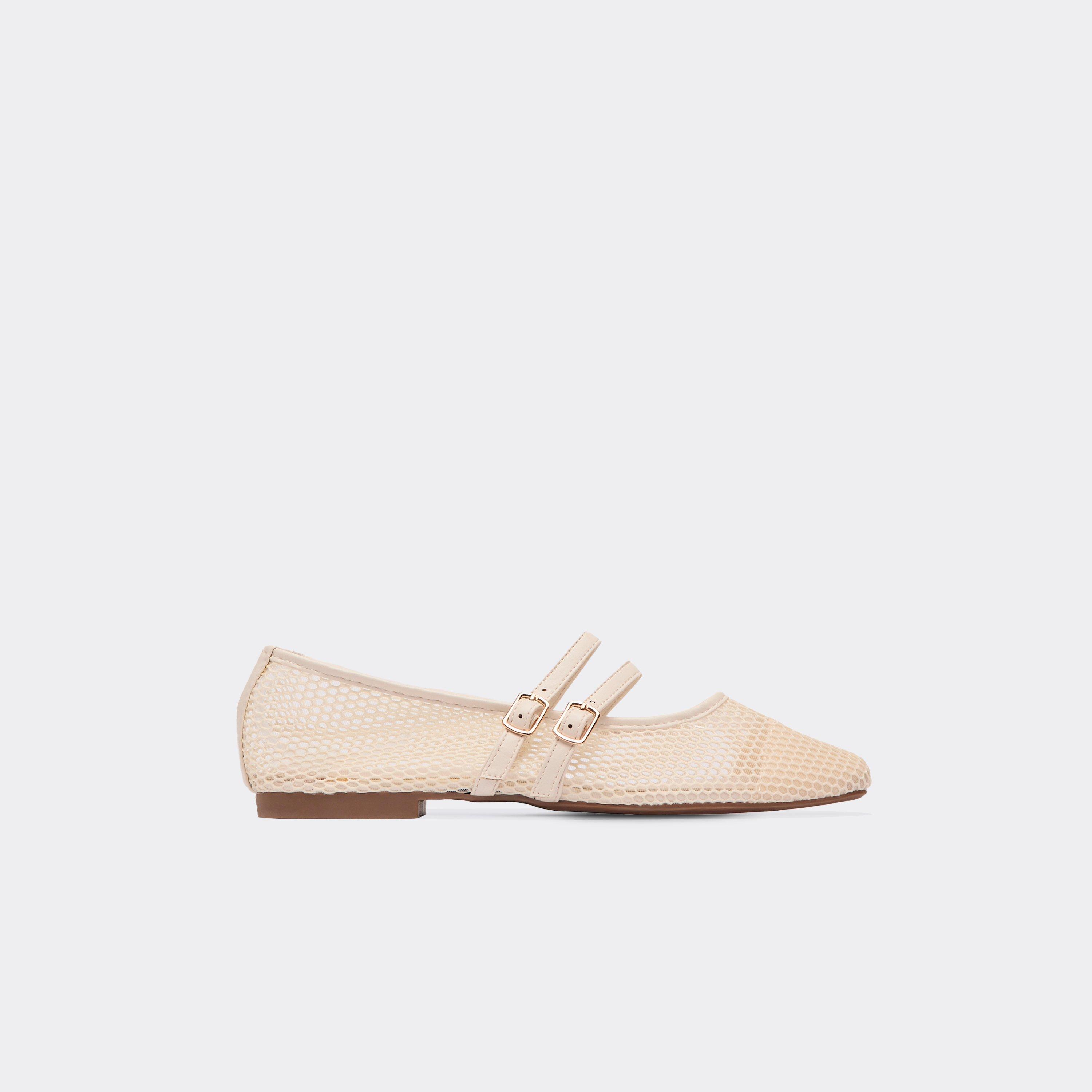 Lettie Double Buckle Strap Mesh Detail Flat Ballet Pump In Cream Faux Leather, Women's Size UK 6