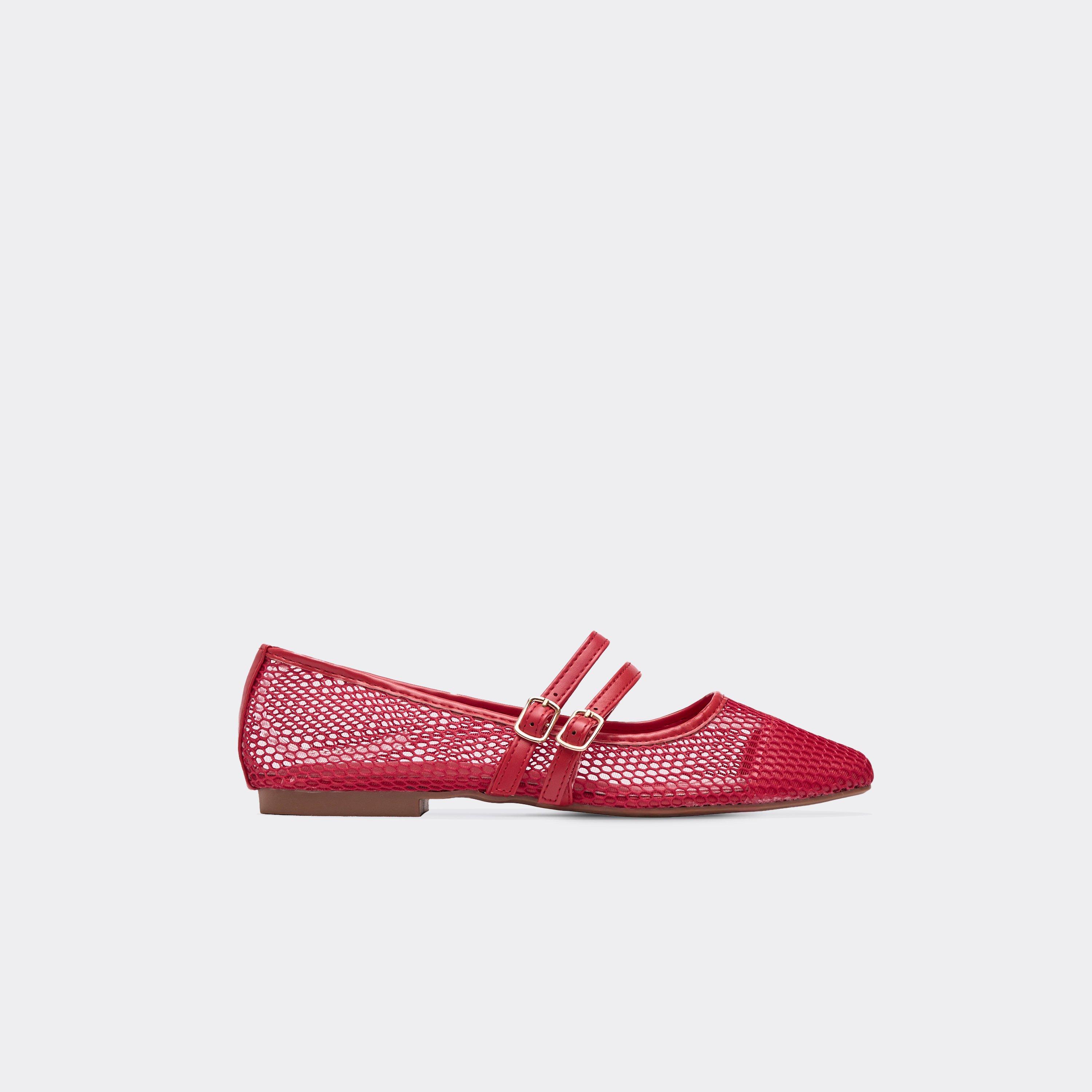 Lettie Double Buckle Strap Mesh Detail Flat Ballet Pump In Red Faux Leather, Women's Size UK 5