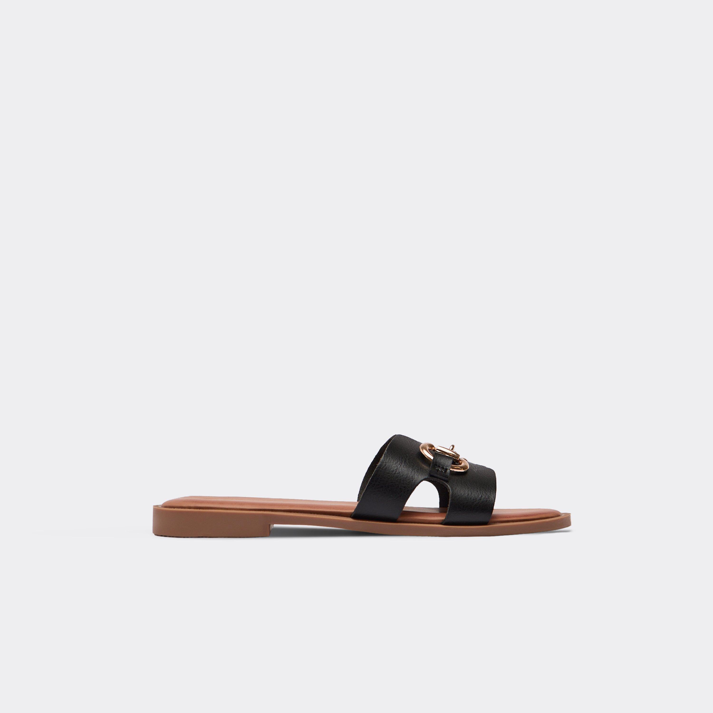 Elowed Link Detail Flat Slider Sandal In Black Faux Leather, Women's Size UK 4