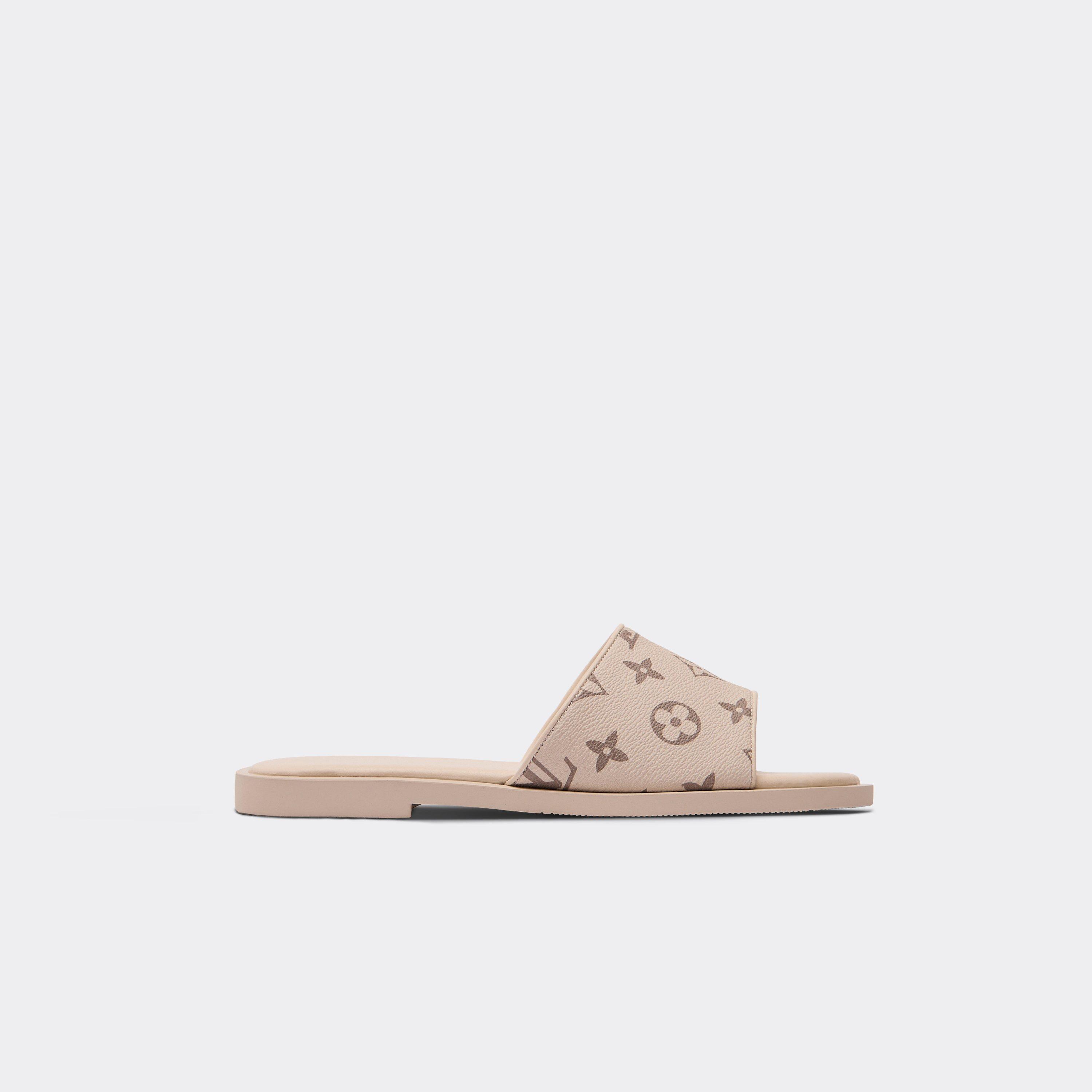 Merci Printed Detail Flat Slider Sandal In Cream Faux Leather, Women's Size UK 5