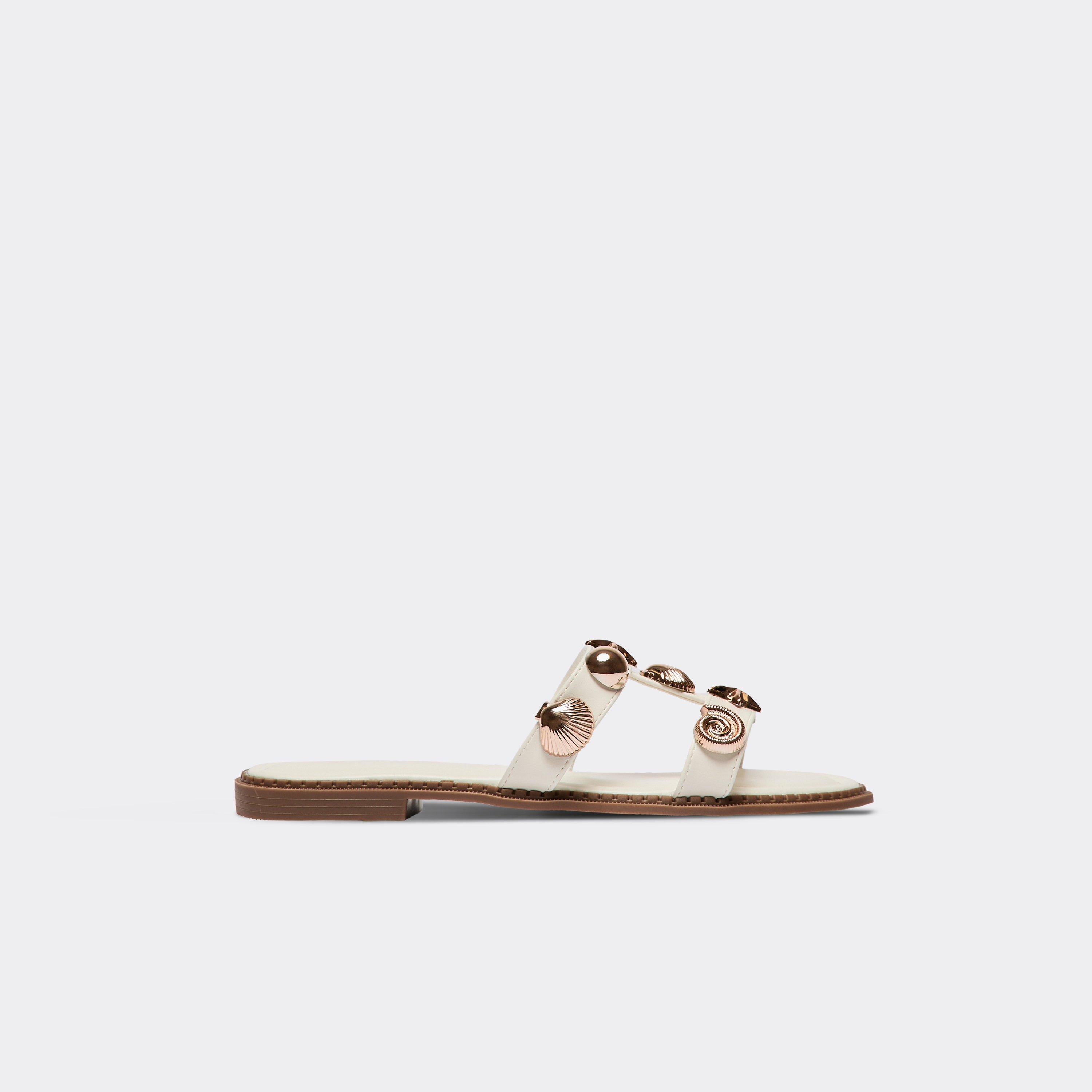 Merrie Shell Detail Cut Out Cage Strap Flat Slider Sandal In White Faux Leather, Women's Size US