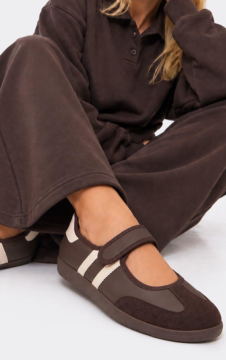 Monaco Side Stripe Velcro Strap Detail Pump In Brown Faux Leather