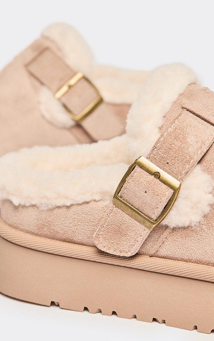 Merrie Buckle Detail Faux Fur Lining Platform Mule In Beige Faux Suede