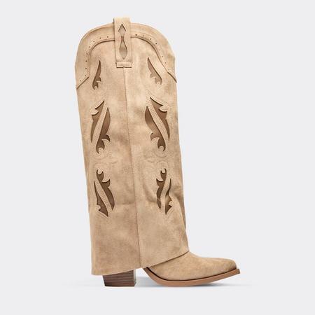 Feng Cut Out Embroidered Detail Knee High Western Cowboy Boot In Taupe Faux Suede, Women's Size US