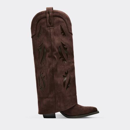 Feng Cut Out Embroidered Detail Knee High Western Cowboy Boot In Brown Faux Suede, Women's Size US