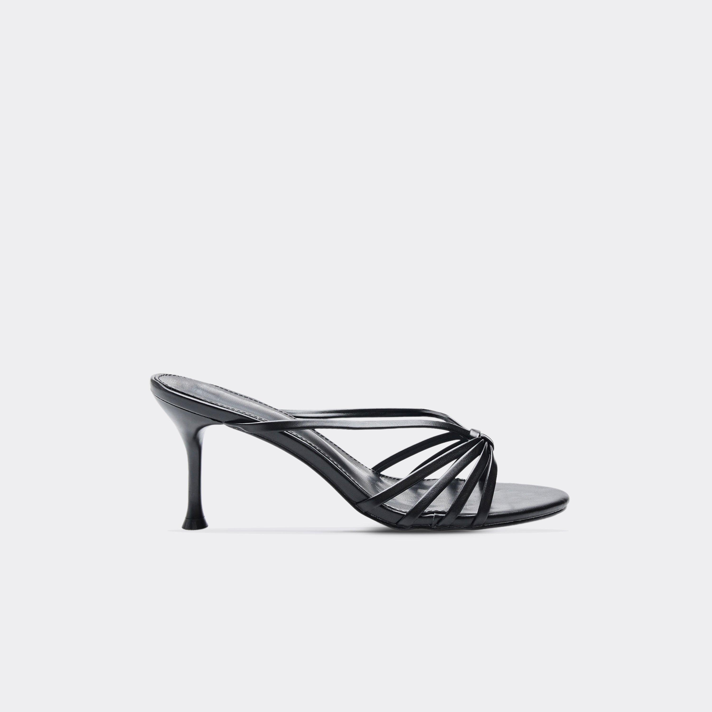 Fern Strappy Knot Detail Heeled Mule In Black Faux Leather, Women’s