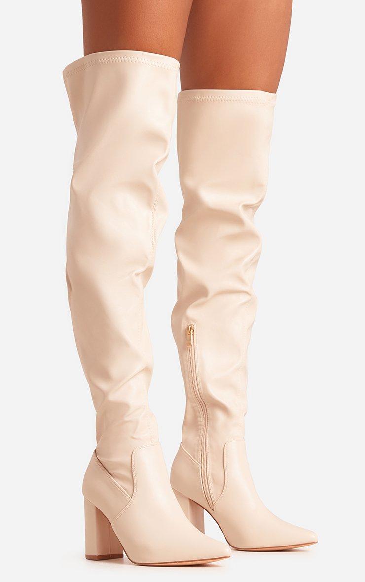 Hensley Block Heel Thigh High Long Sock Boot In Cream Faux Leather