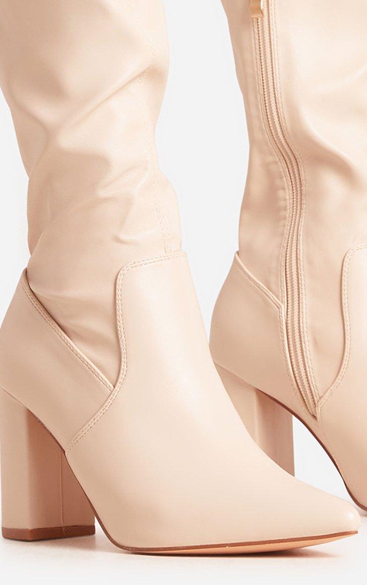 Hensley Block Heel Thigh High Long Sock Boot In Cream Faux Leather | EGO US  | EGO