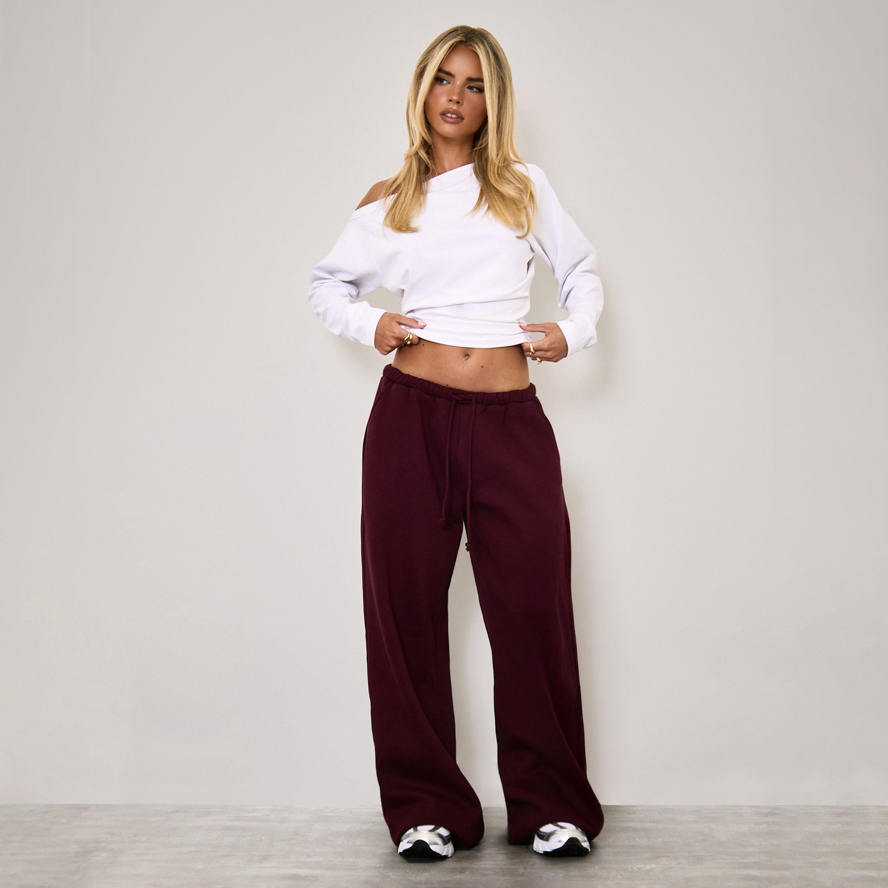 Mid Rise Drawstring Waist Wide Leg Joggers In Plum, Women's Size UK 14