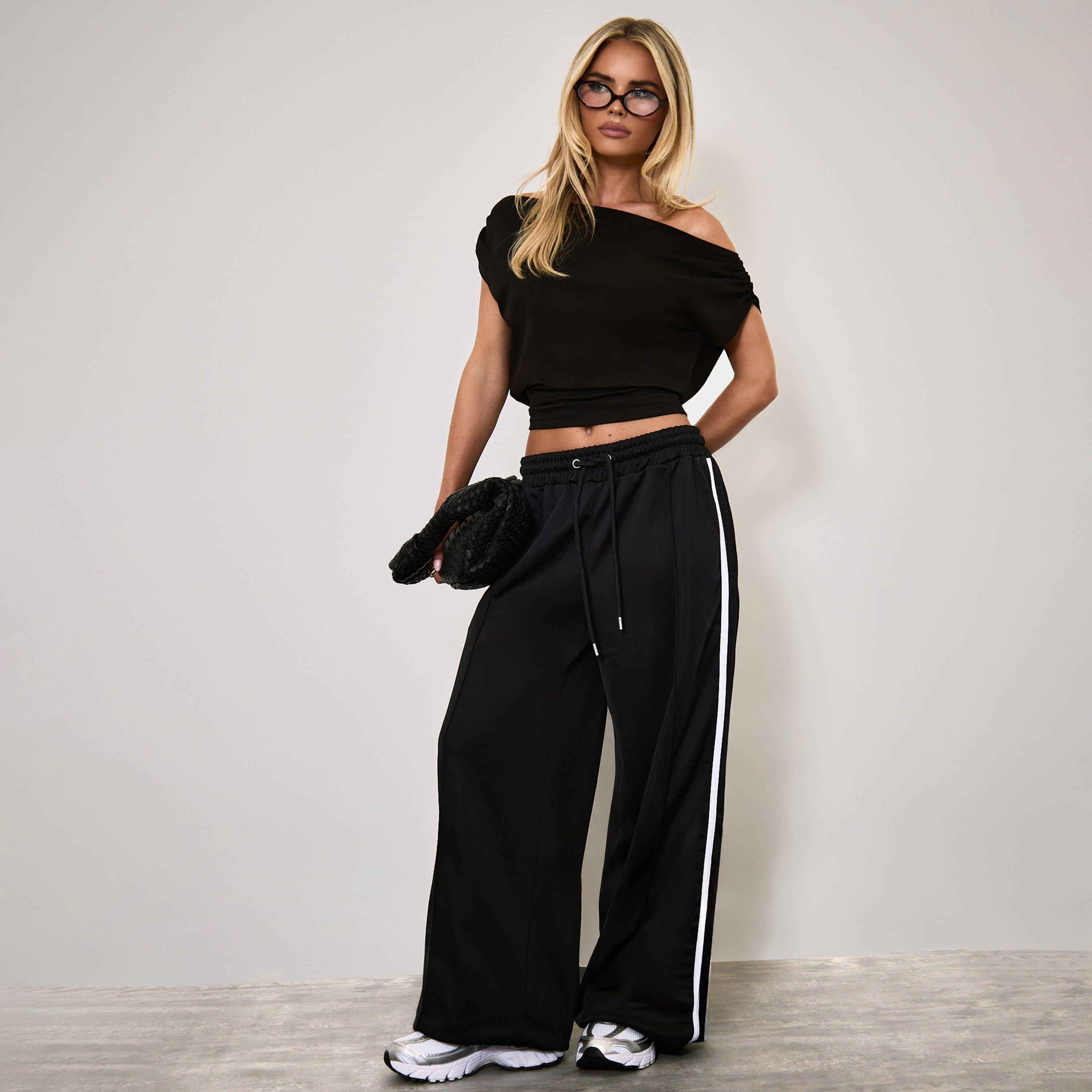 Tie Waist Contrast Stripe Track Pants In Black, Women's Size UK 10