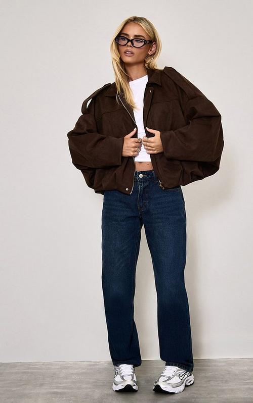 qung TomBOYオーバーサイズJK ラテベージュ Long Sleeve Cropped Bomber Jacket In Light Brown Faux Suede | EGO