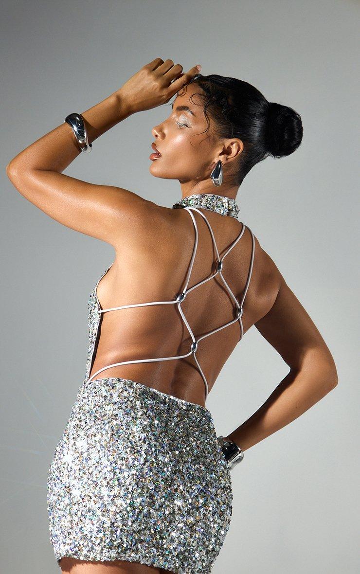 silver sequin dress mini Quinn Embellished Silver Mesh Sequin Silver Mini Dress- Women's