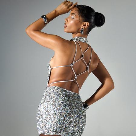 High Neck Lace Up Back Detail Mini Dress In Silver Sequin, Women's Size US