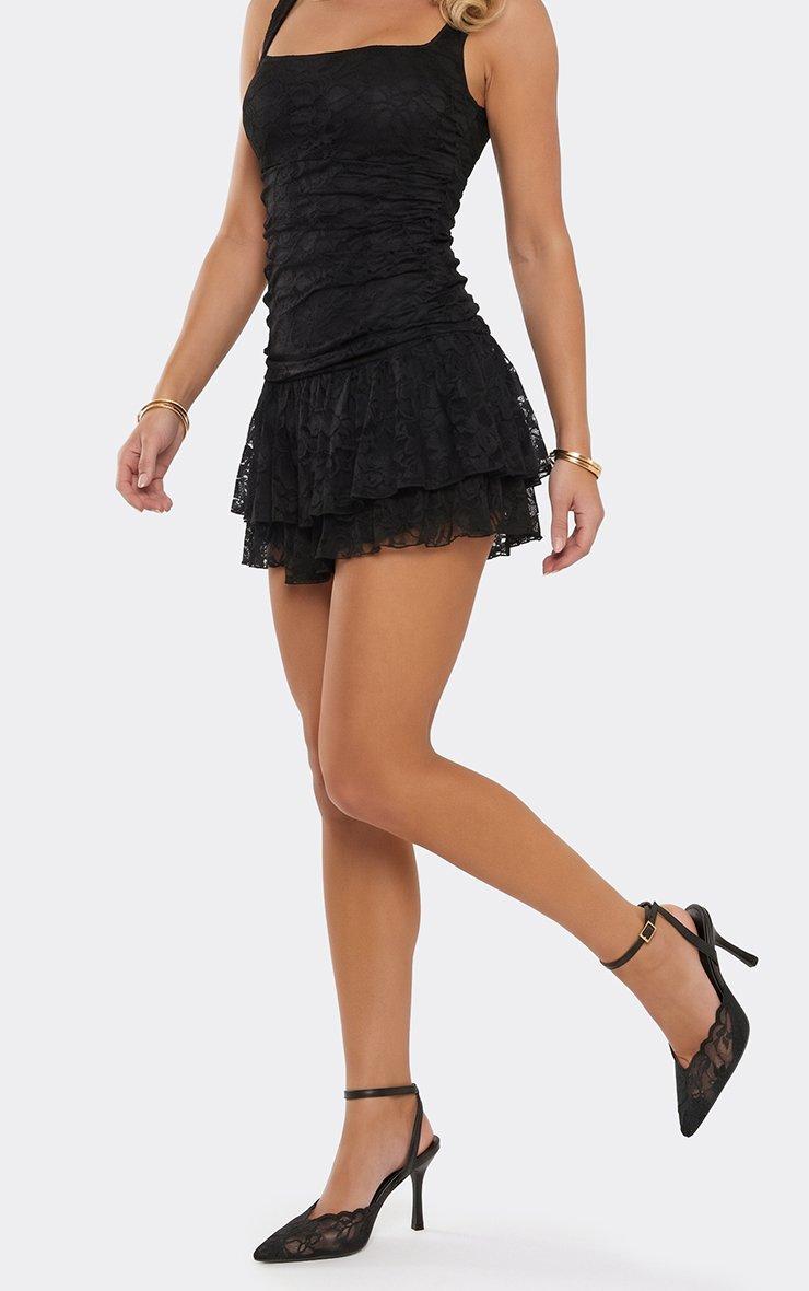 Ronda Ankle Strap Pointed Lace Toe Heel In Black Faux Leather