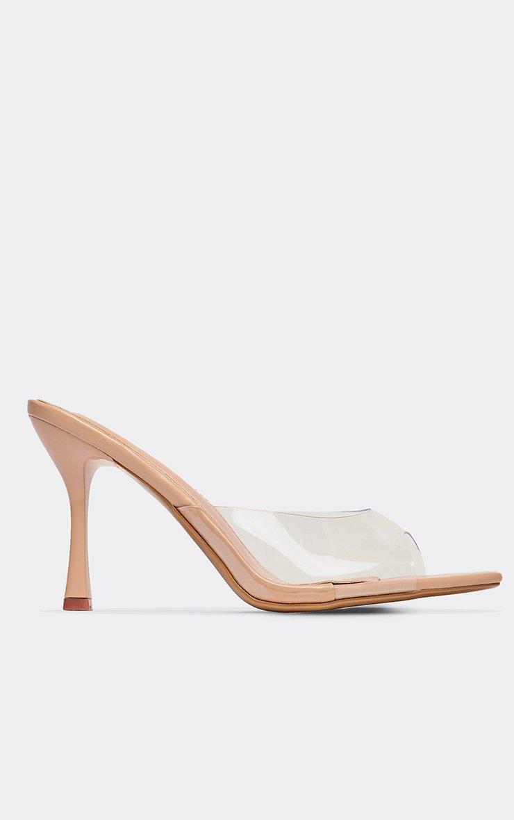 Nutria Clear Perspex Strap Peep Toe Heeled Mule In Beige Patent