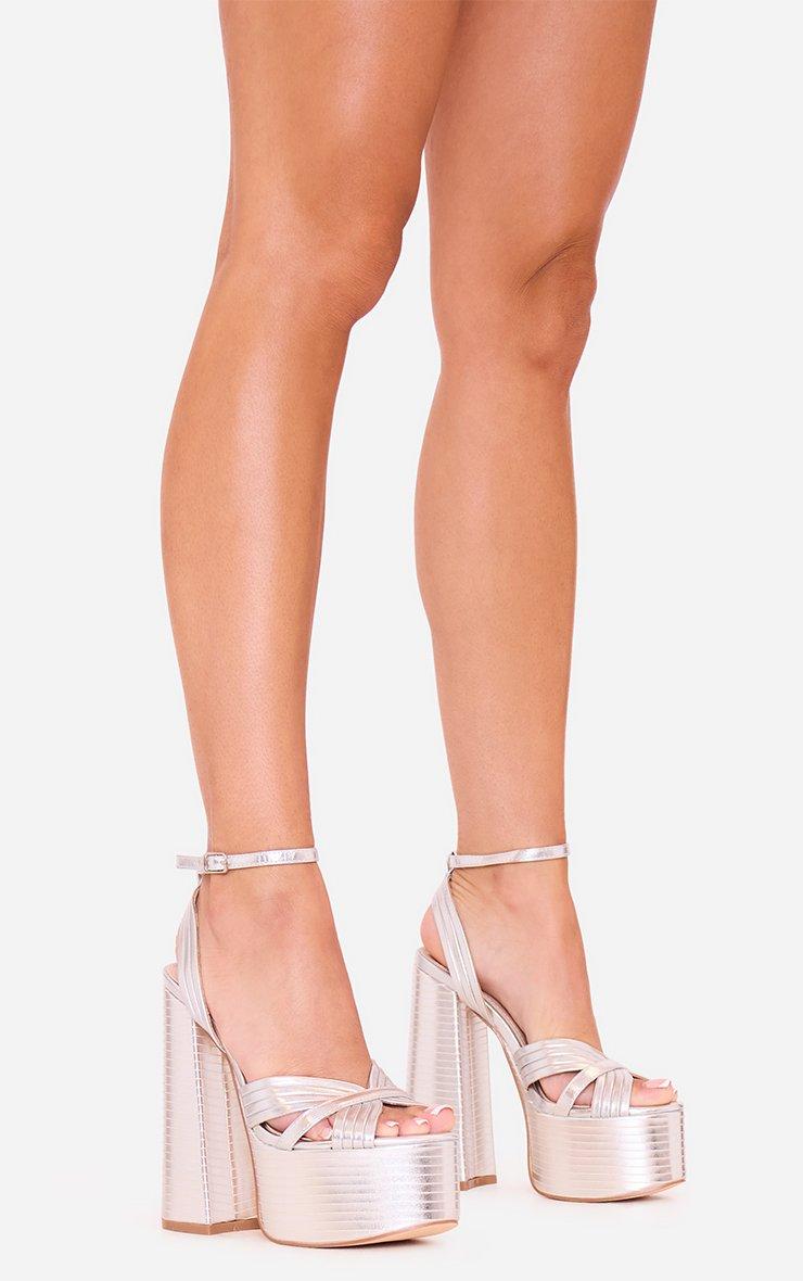 Roma Cut Out Strap Ribbed Detail Extreme Platform Block Heel In Silver Faux  Leather | EGO US | EGO
