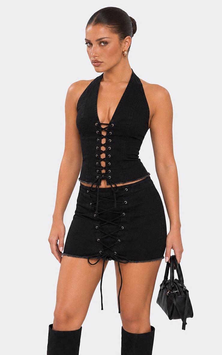 Plunge Halterneck Lace Up Front Top In Black Washed Denim