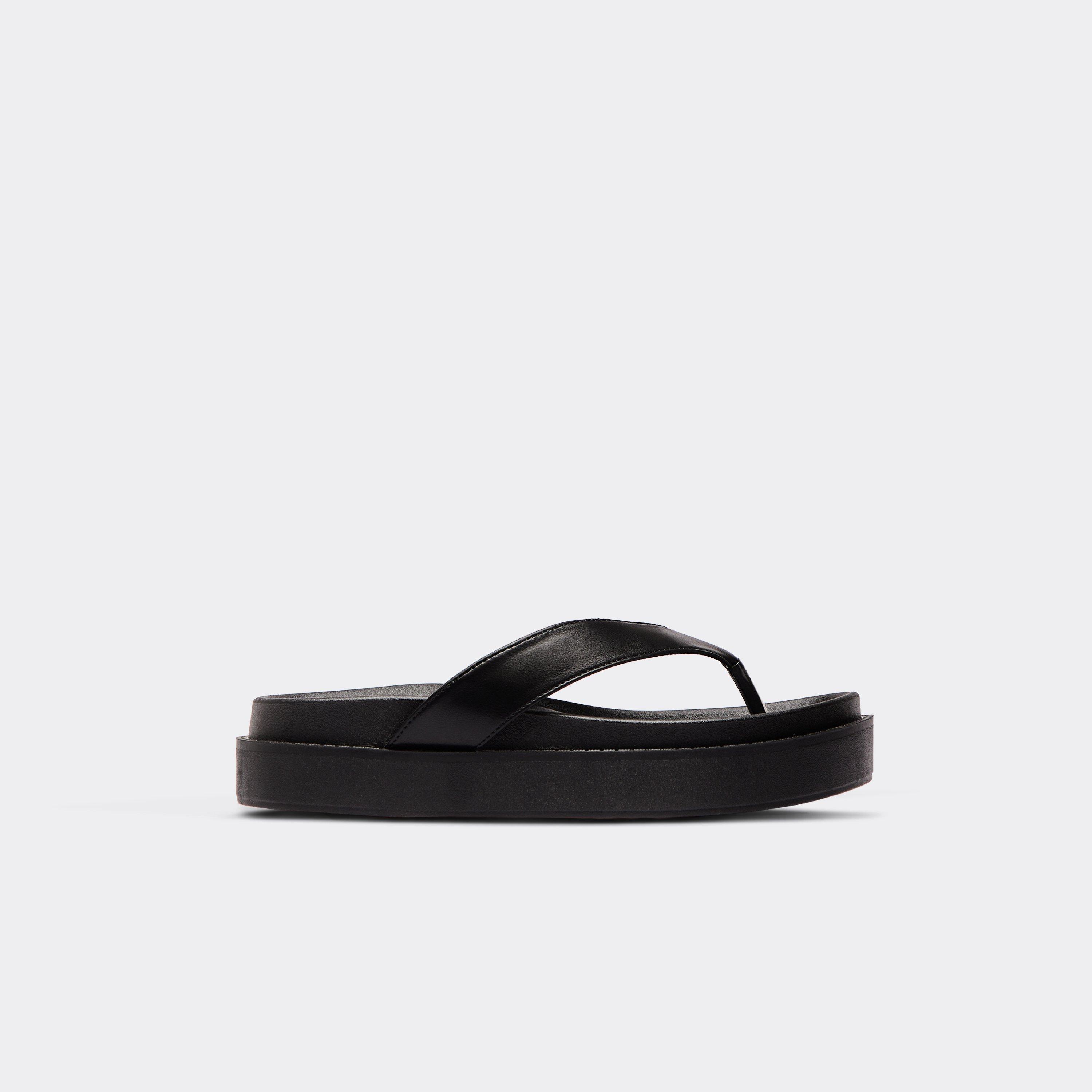 Gully Thong Strap Platform Sole Slider In Black Faux Leather, Women's Size UK 5