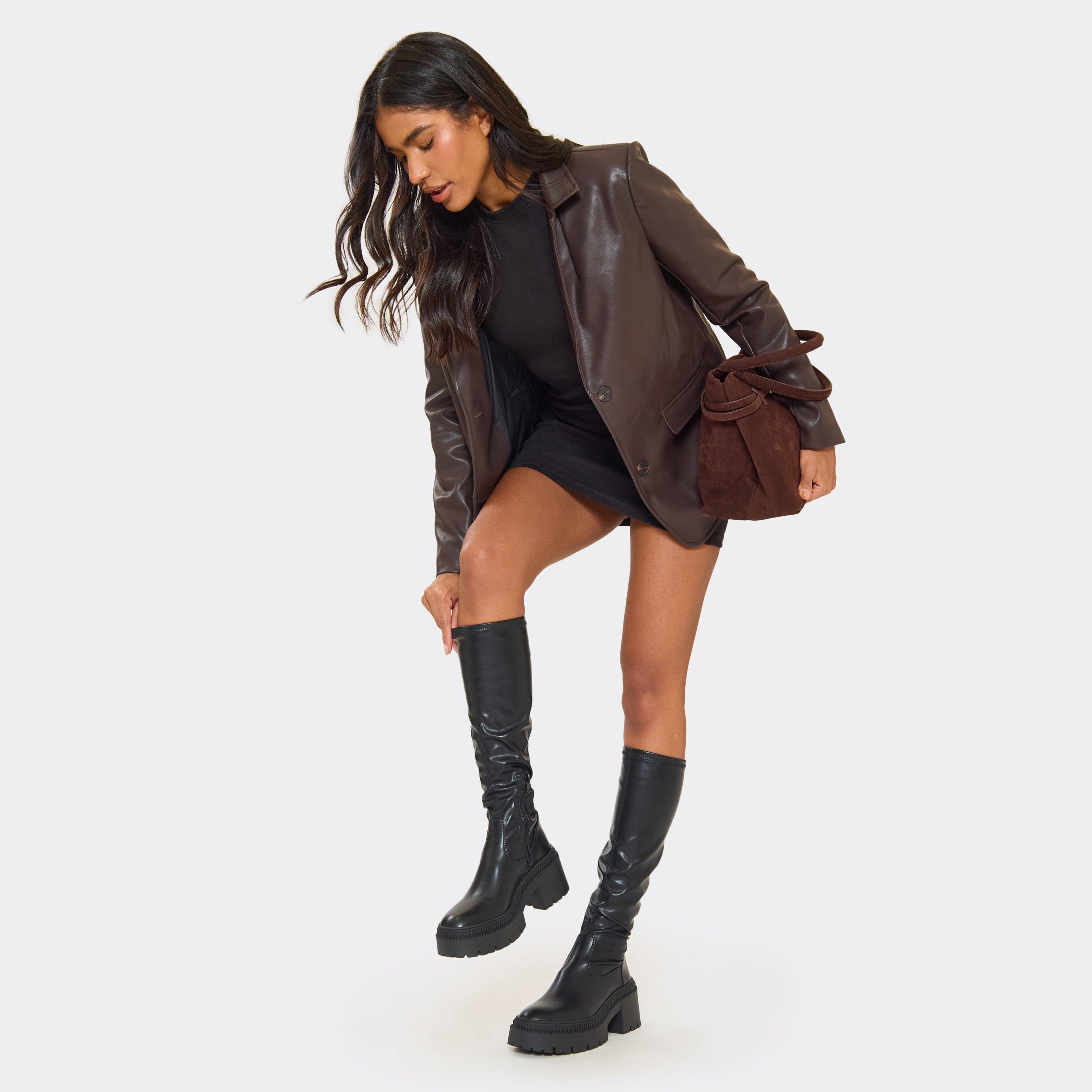 Guyz Chunky Sole Knee High Long Boot In Black Faux Leather, Women’s