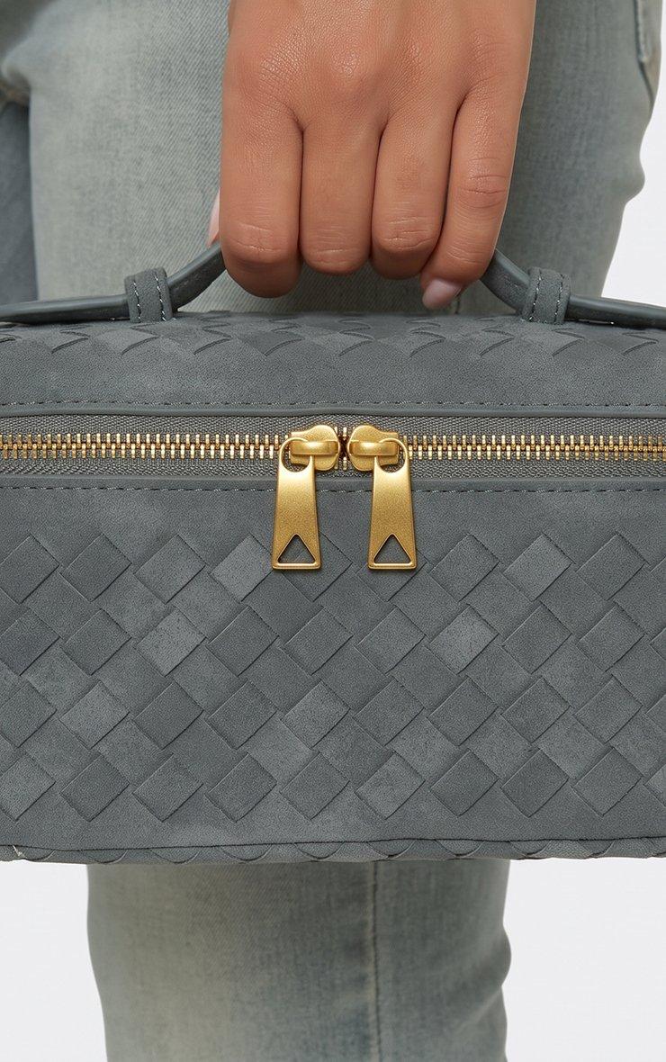 Dibz Woven Detail Zipped Vanity Bag In Grey Faux Suede