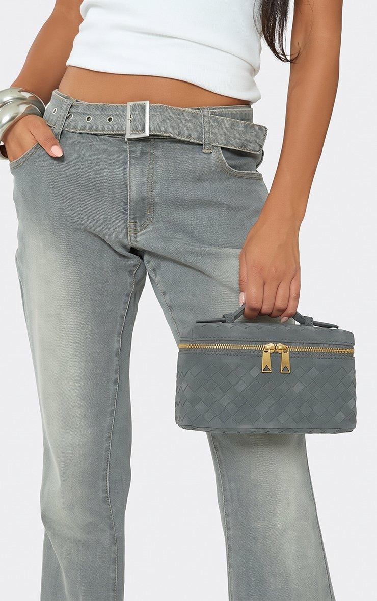 Dibz Woven Detail Zipped Vanity Bag In Grey Faux Suede