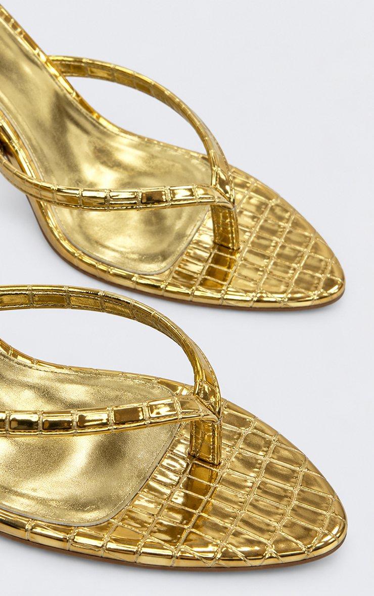 Brax Thong Strap Heel Mule In Gold Croc Print Patent.