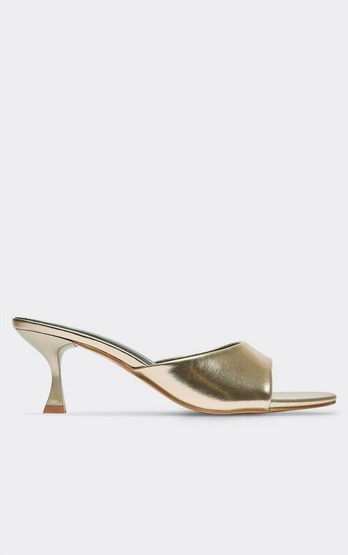 Kayy Clear Perspex Strap Square Peep Toe Heel Mule In Gold Faux