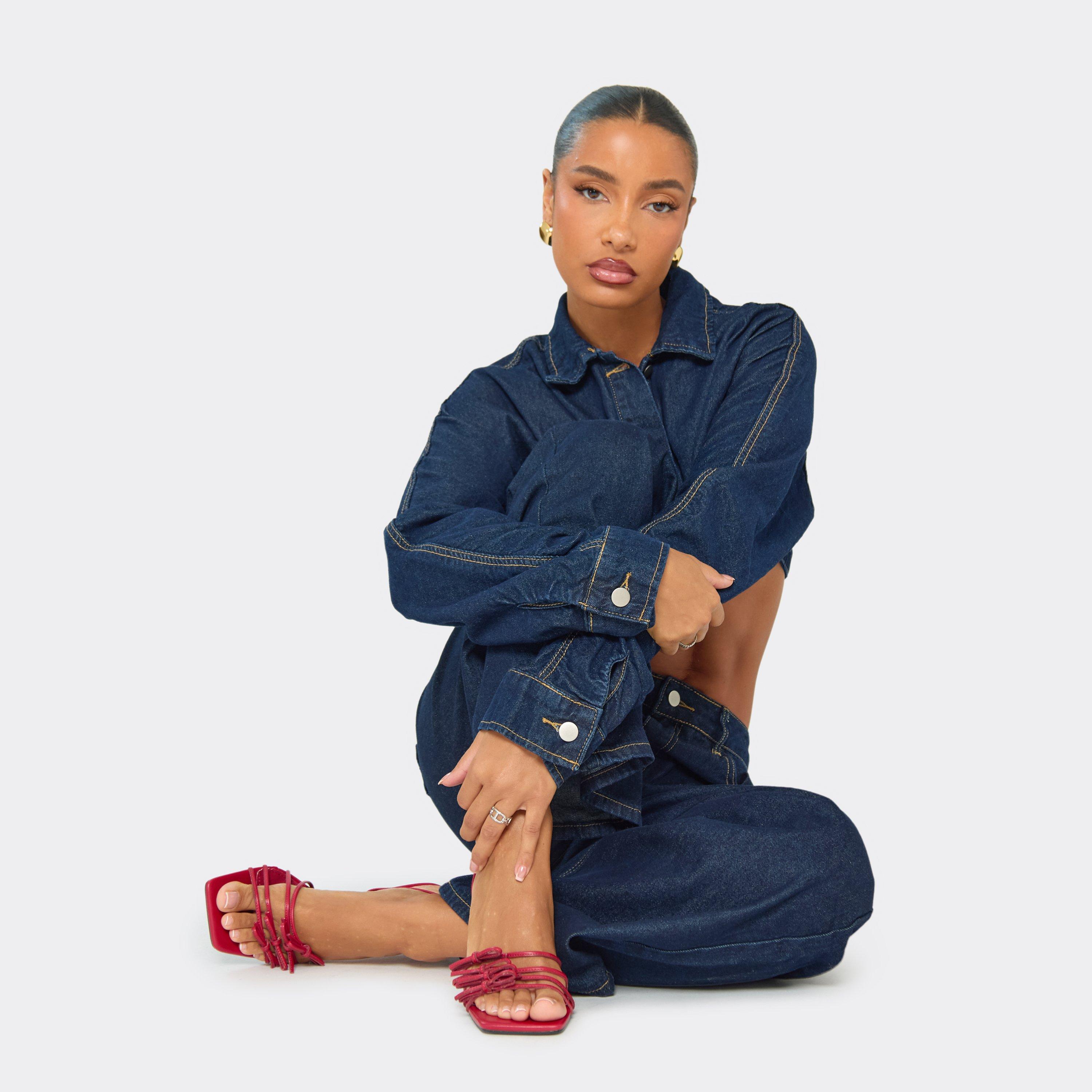 Wrap-It-Up Strappy Bow Detail Square Toe Slingback Heel Mule In Red Faux Leather, Women's Size UK 3