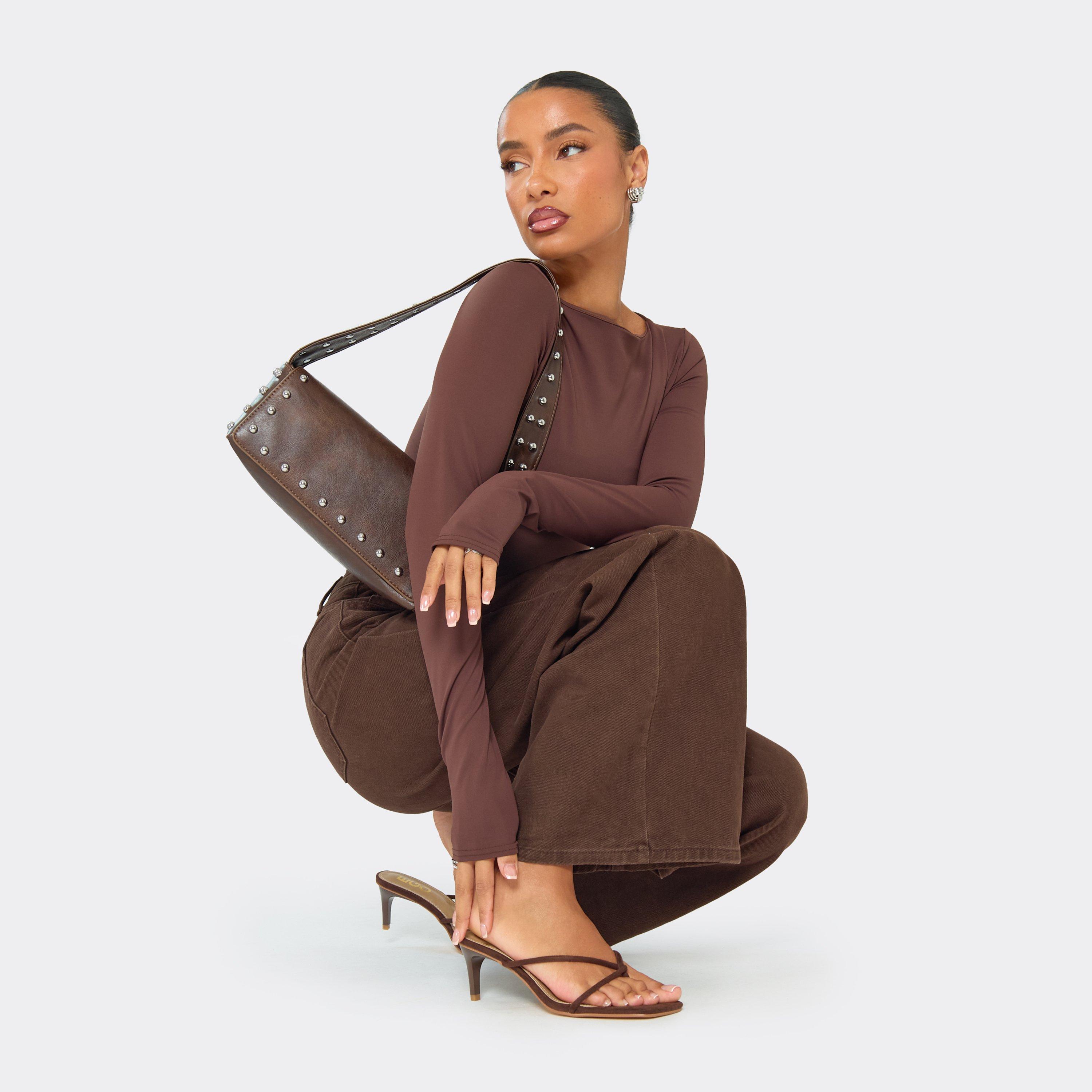 High-Tides Twisted Strap Heel Mule In Brown Faux Suede, Women’s