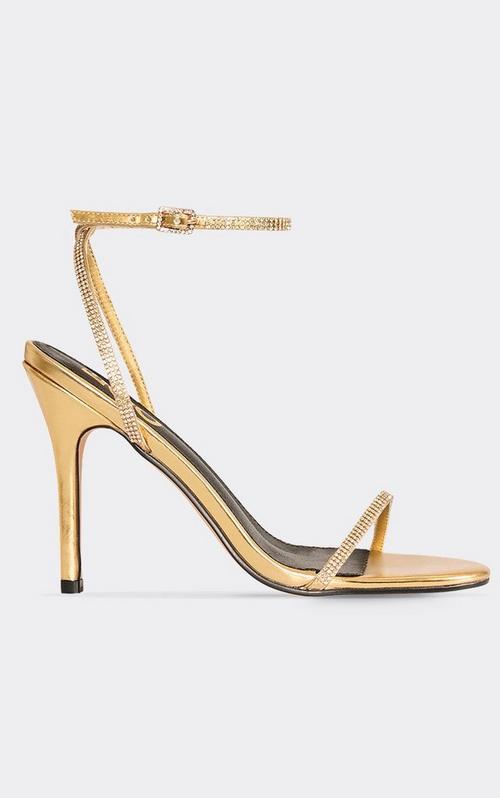 Manda Strappy Square Toe Stiletto Heel In Gold Faux Leather | EGO