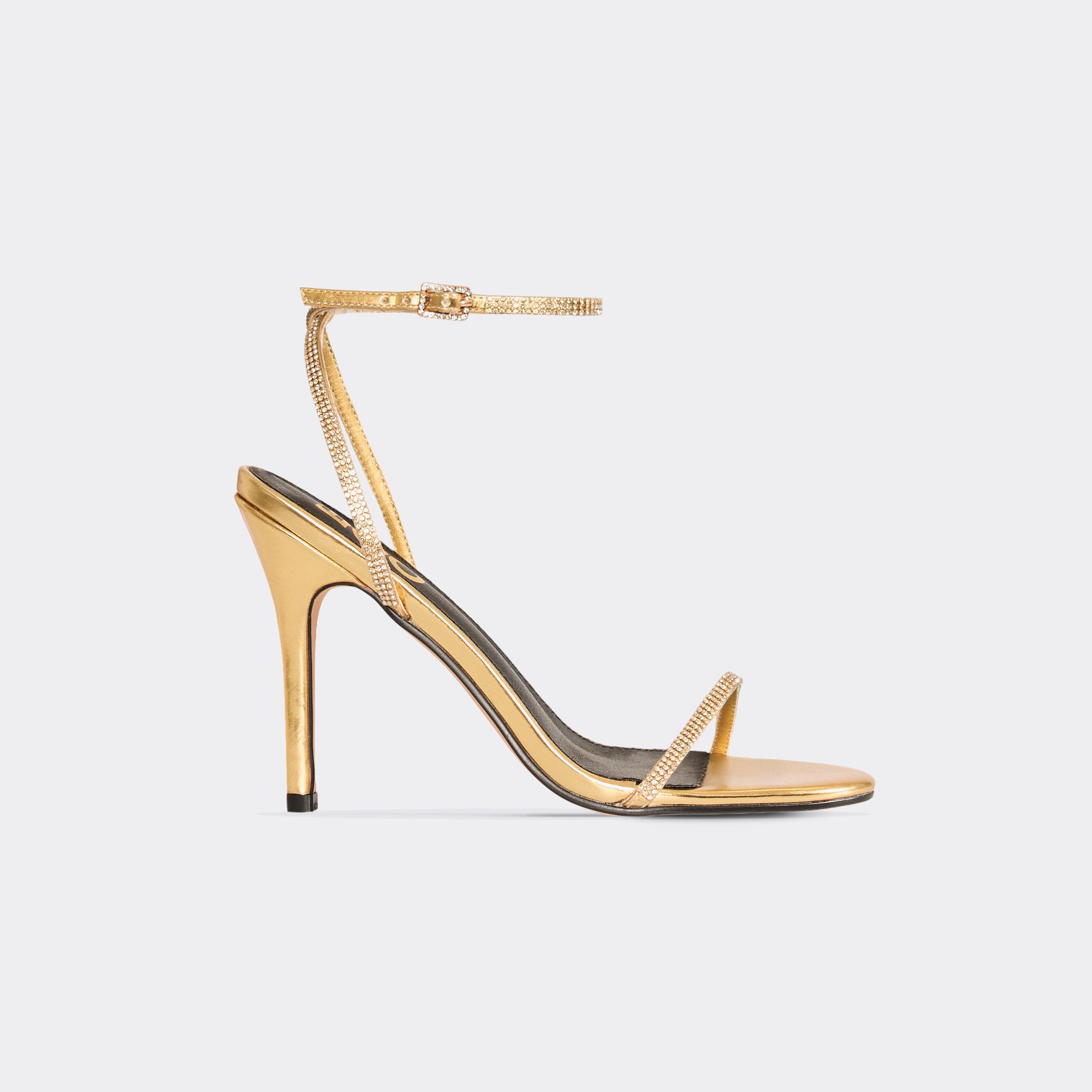 Second-Date Diamante Ankle Strap Stiletto Heel In Gold Faux Leather, Women’s