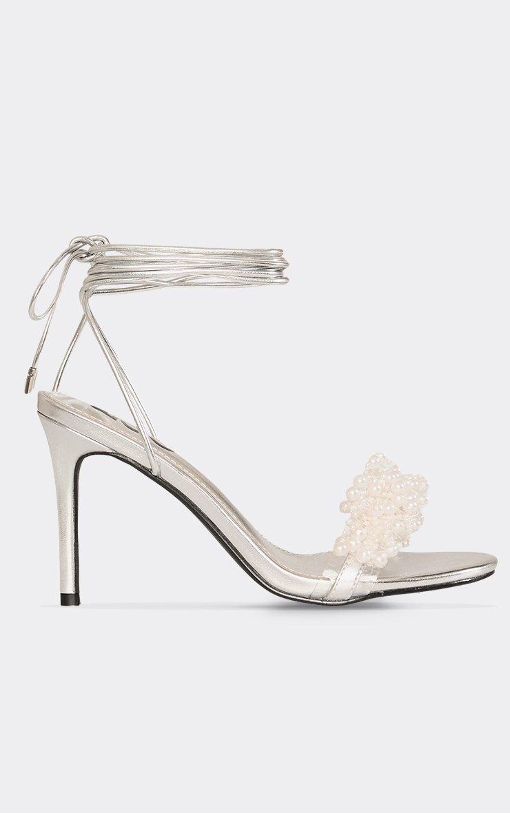 String-Of-Pearls Lace Up Pearl Detail Stiletto Heel In Silver Faux ...