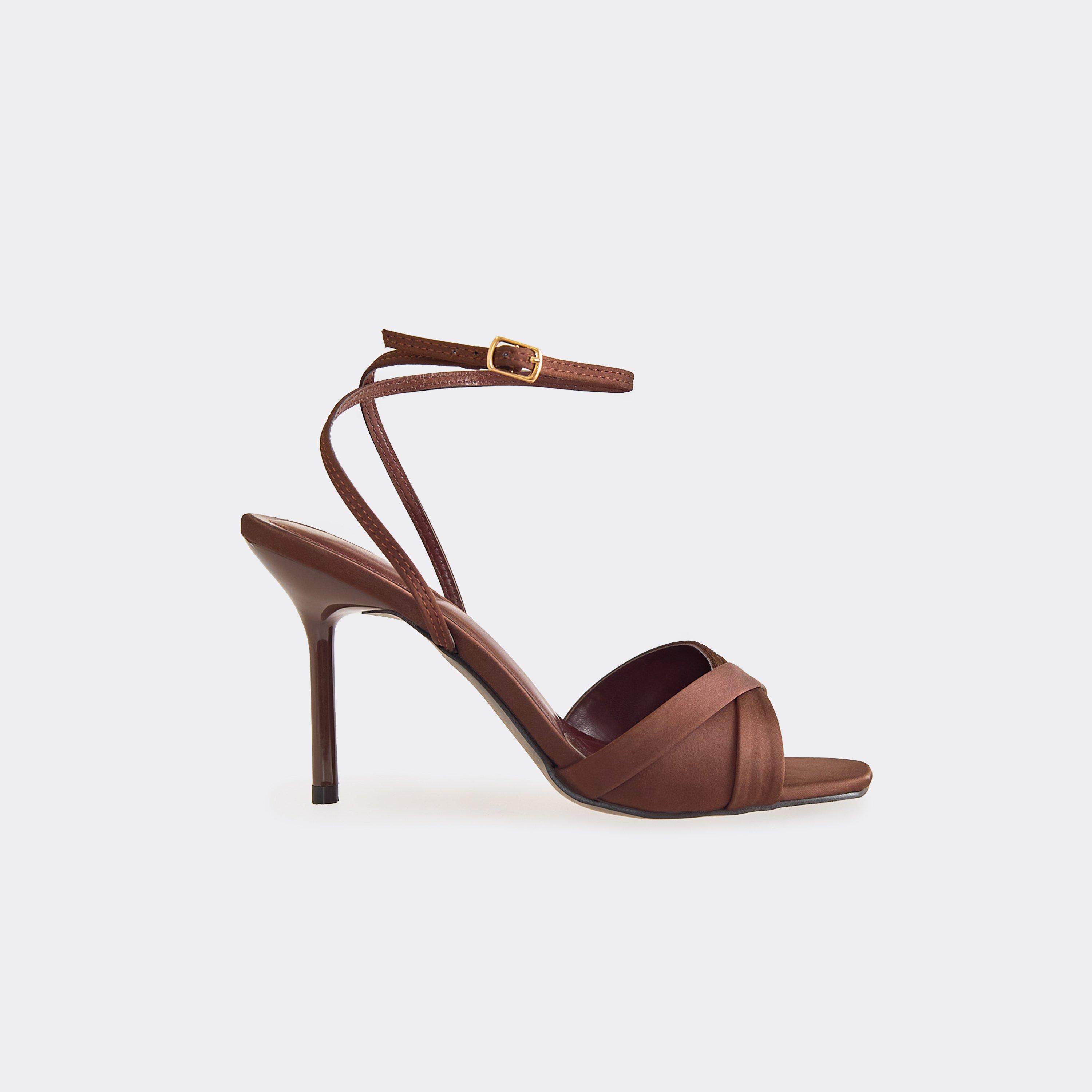 Bestie Square Peep Toe Cross Strap Stiletto Heel In Brown Satin, Women’s